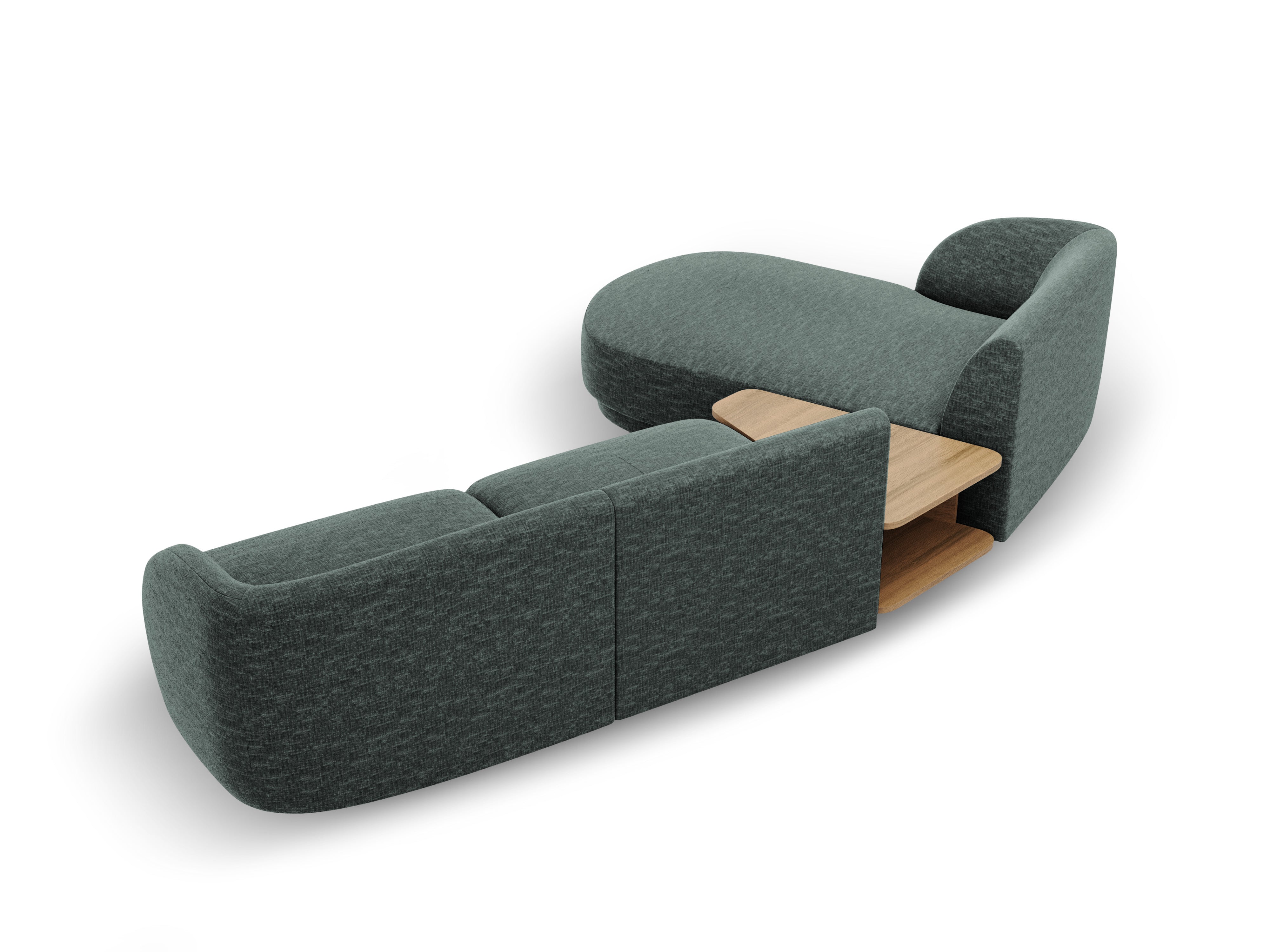 Modular corner sofa with table 3-seater left-sided MILEY petrol silky chenille