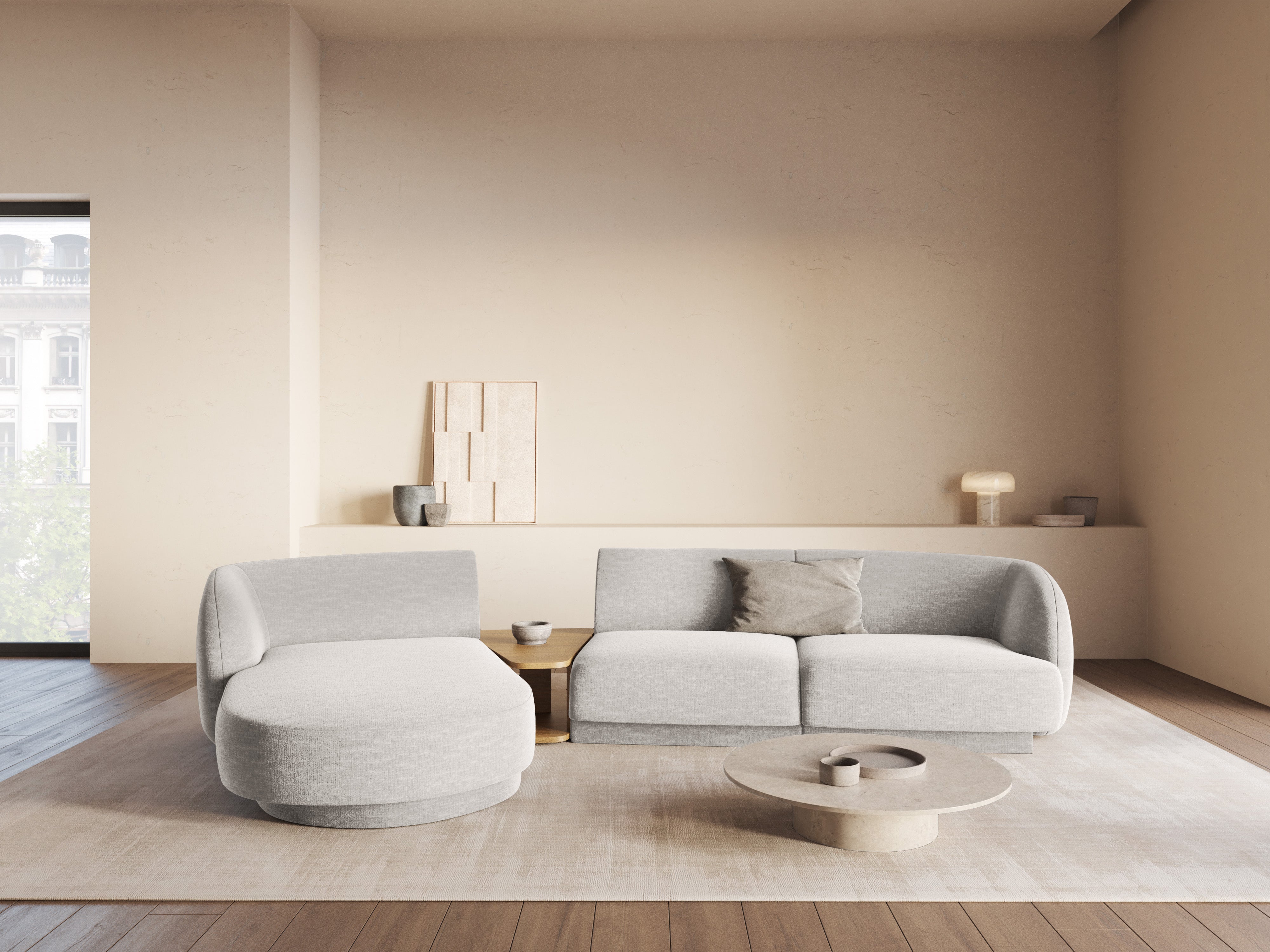 Modulares Ecksofa mit Tisch 3-sitzig links MILEY hellgrau schimmernder Chenille