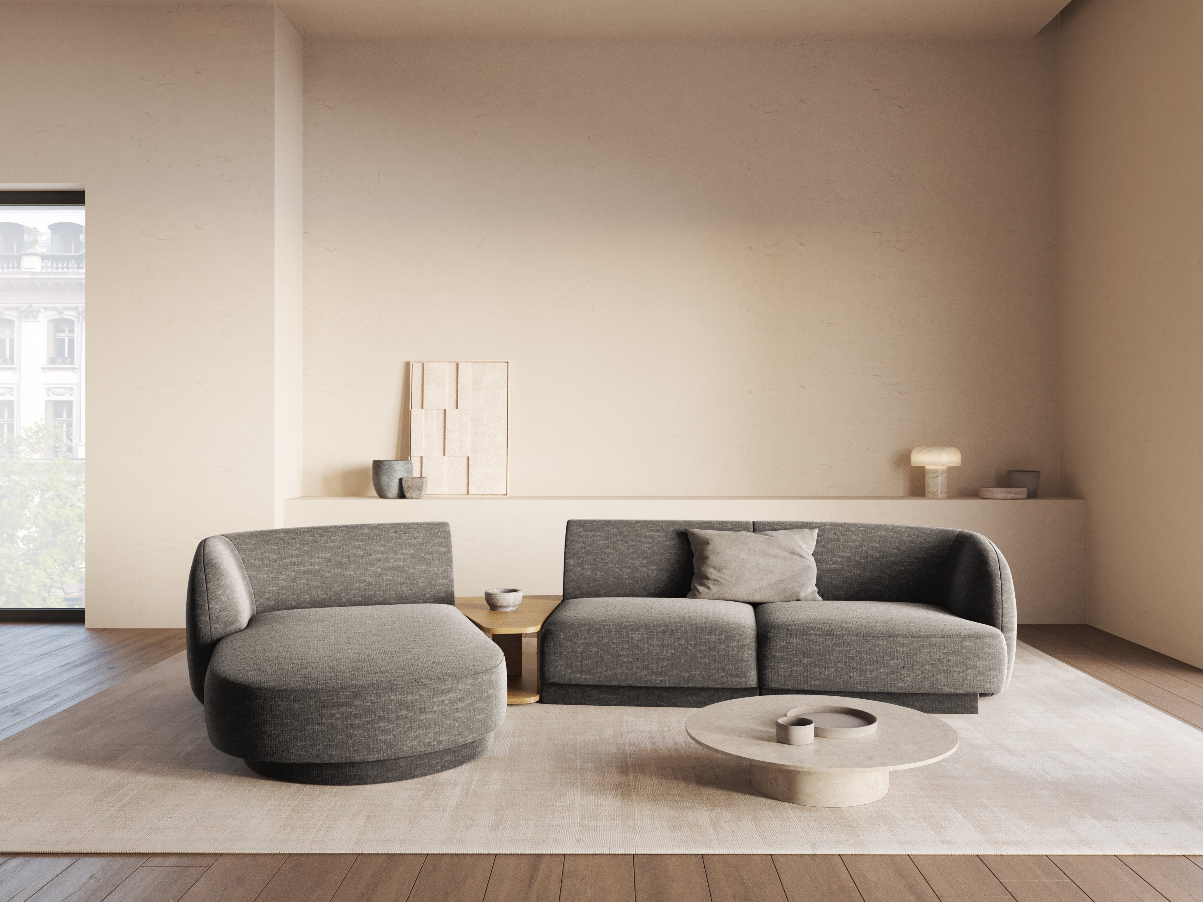 Modulares Ecksofa mit Tisch, 3-Sitzer, linksseitig, MILEY, graues Chenille, seidig