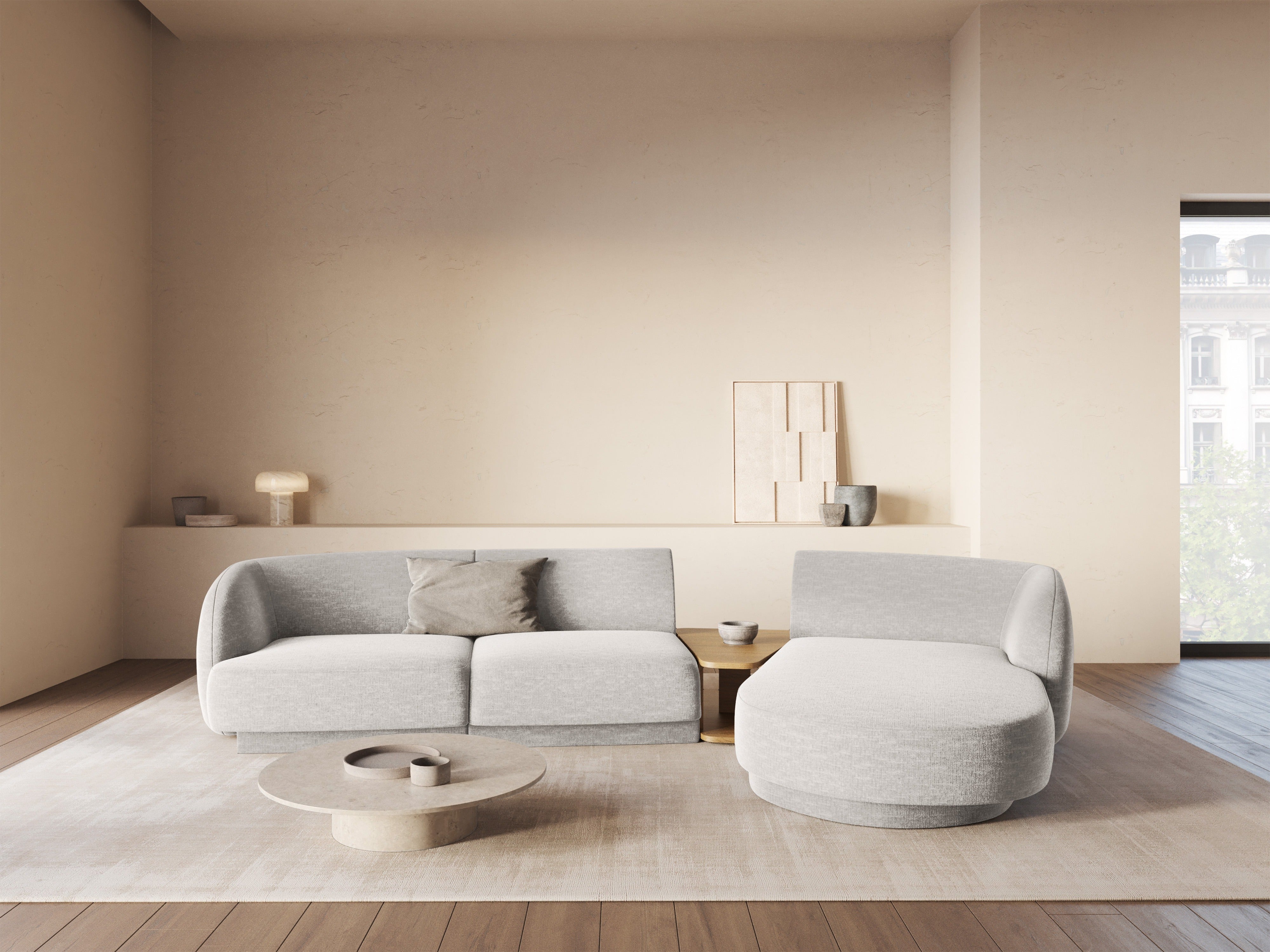 Modular corner sofa with table 3-seater right-hand MILEY gray chenille