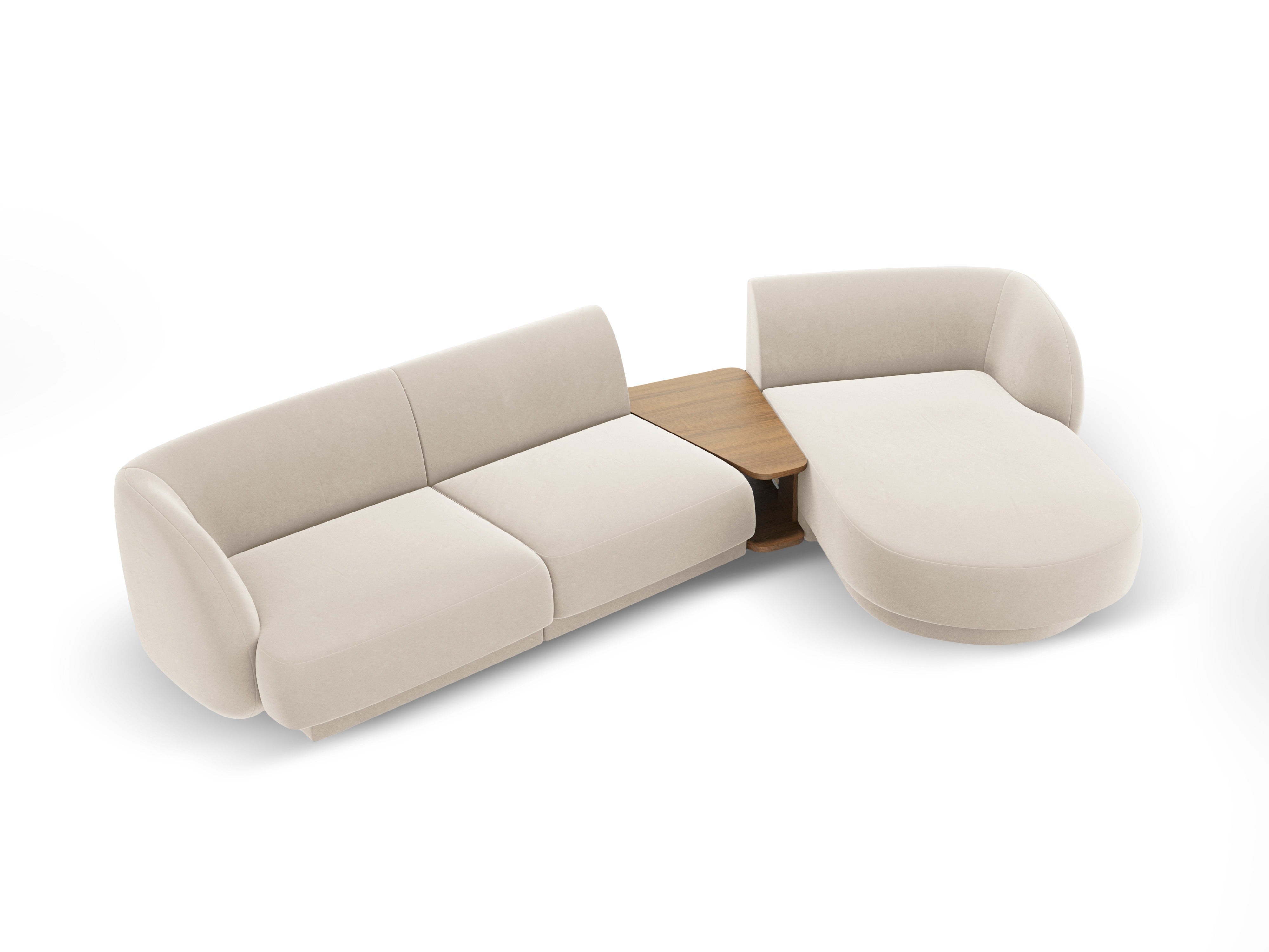 Modulares Ecksofa mit Tisch 3-Sitzer rechtsseitig samtig MILEY hellbeige