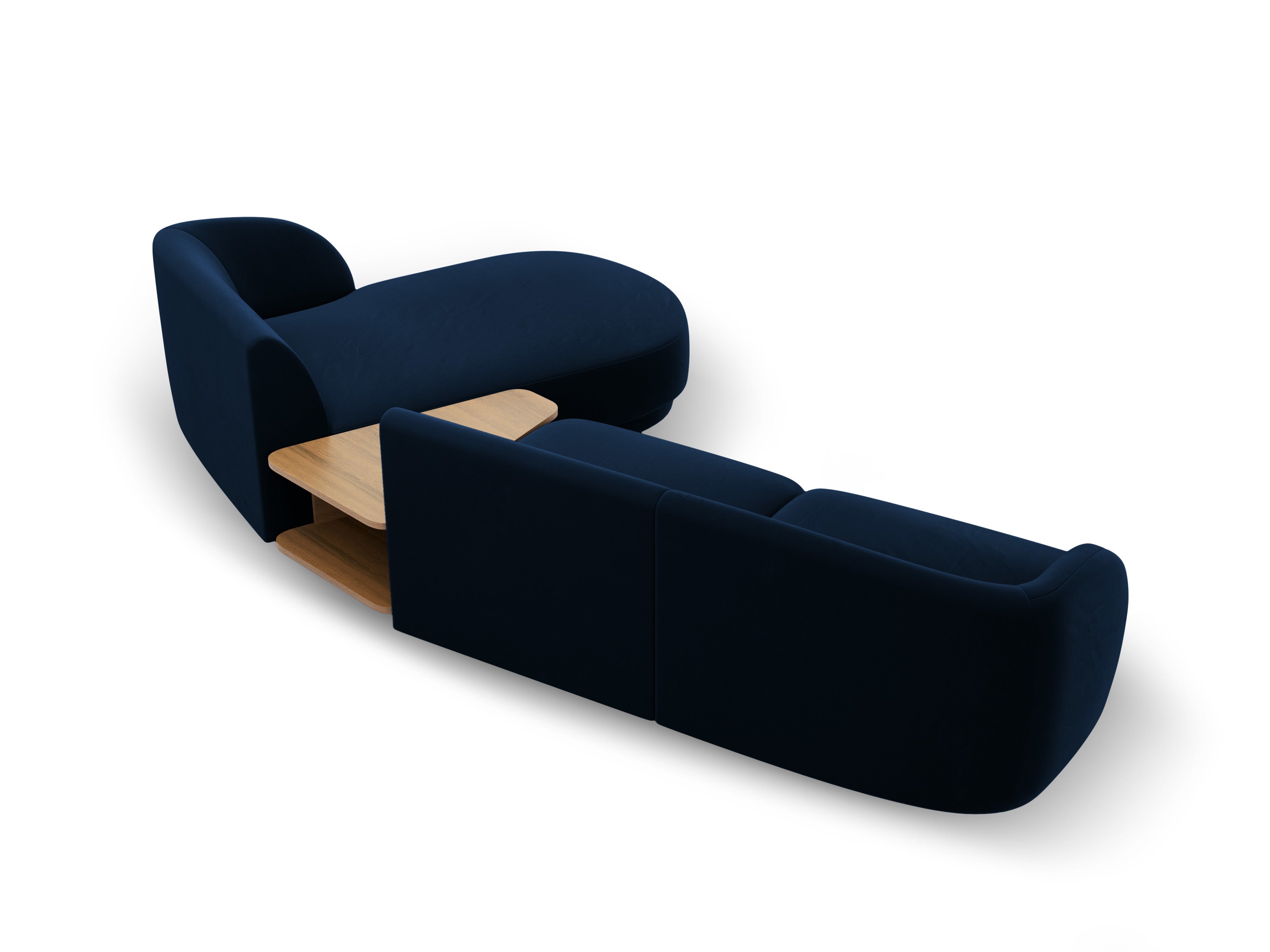 Modular corner sofa with table, 3-seater, right-facing, velvet MILEY in royal blue