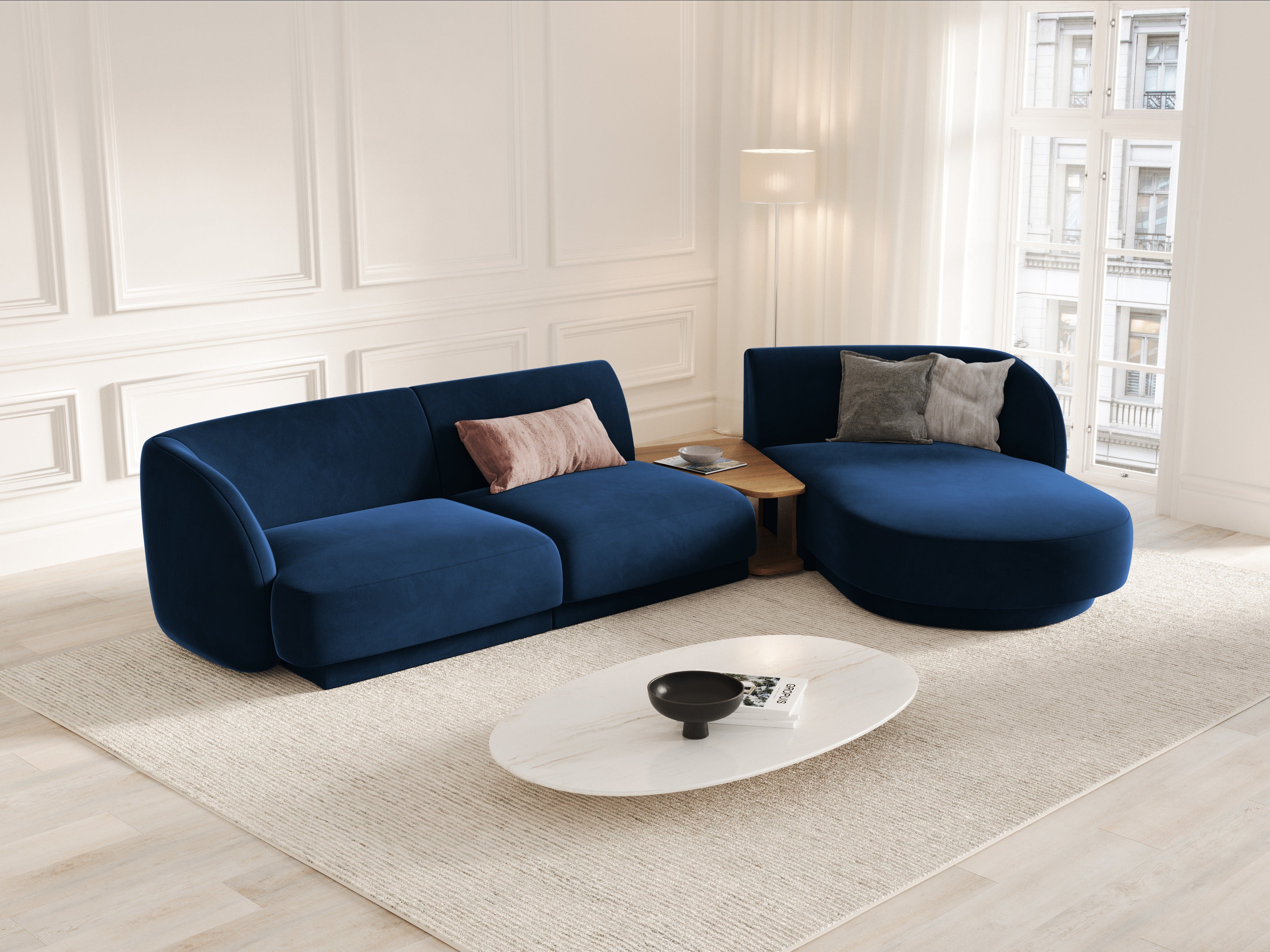 Modular corner sofa with table 3-seater left-sided MILEY dark blue boucle