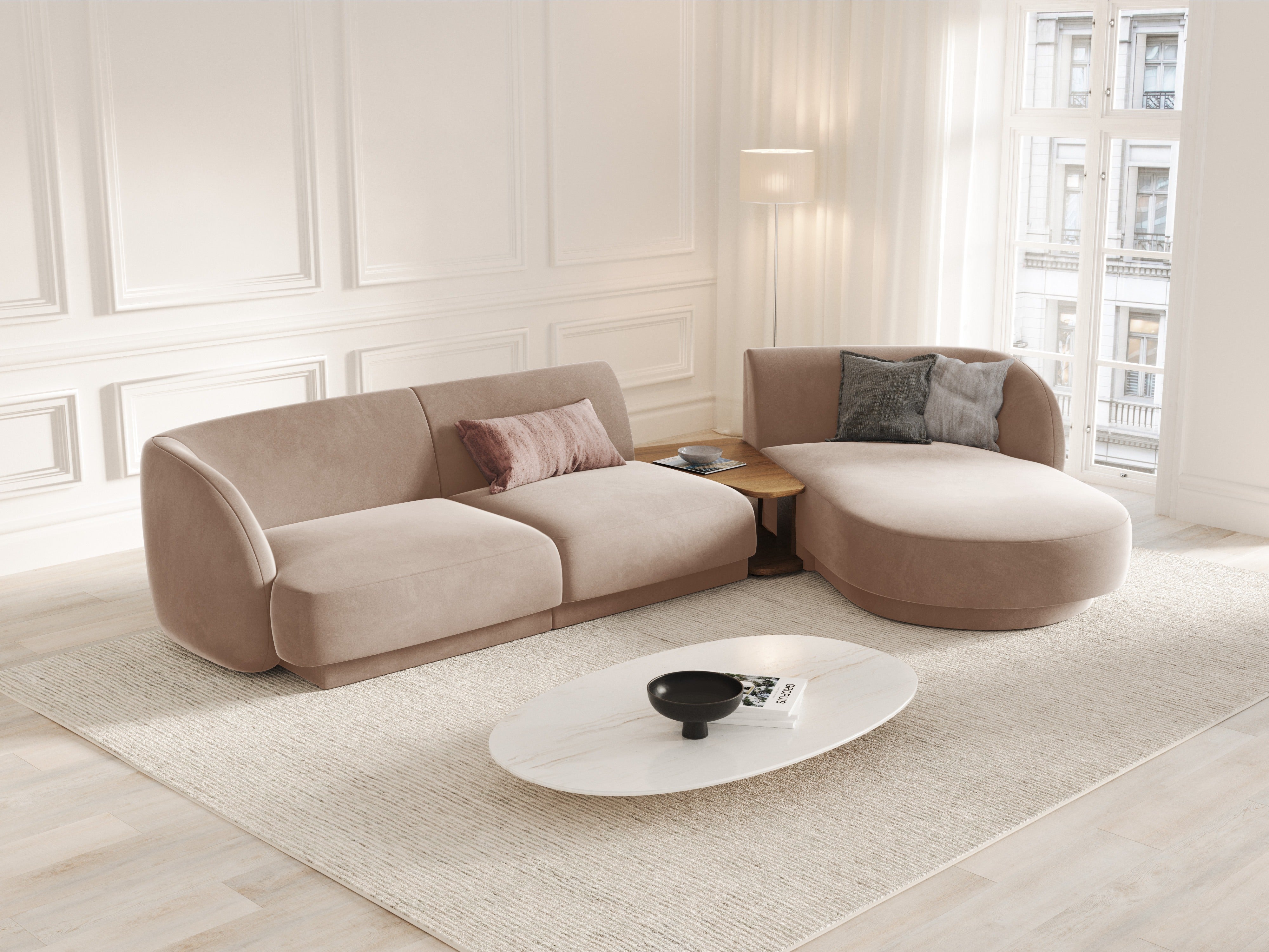 Modulares Ecksofa mit Tisch 3-Sitzer rechtsseitig samtig MILEY cappuccino
