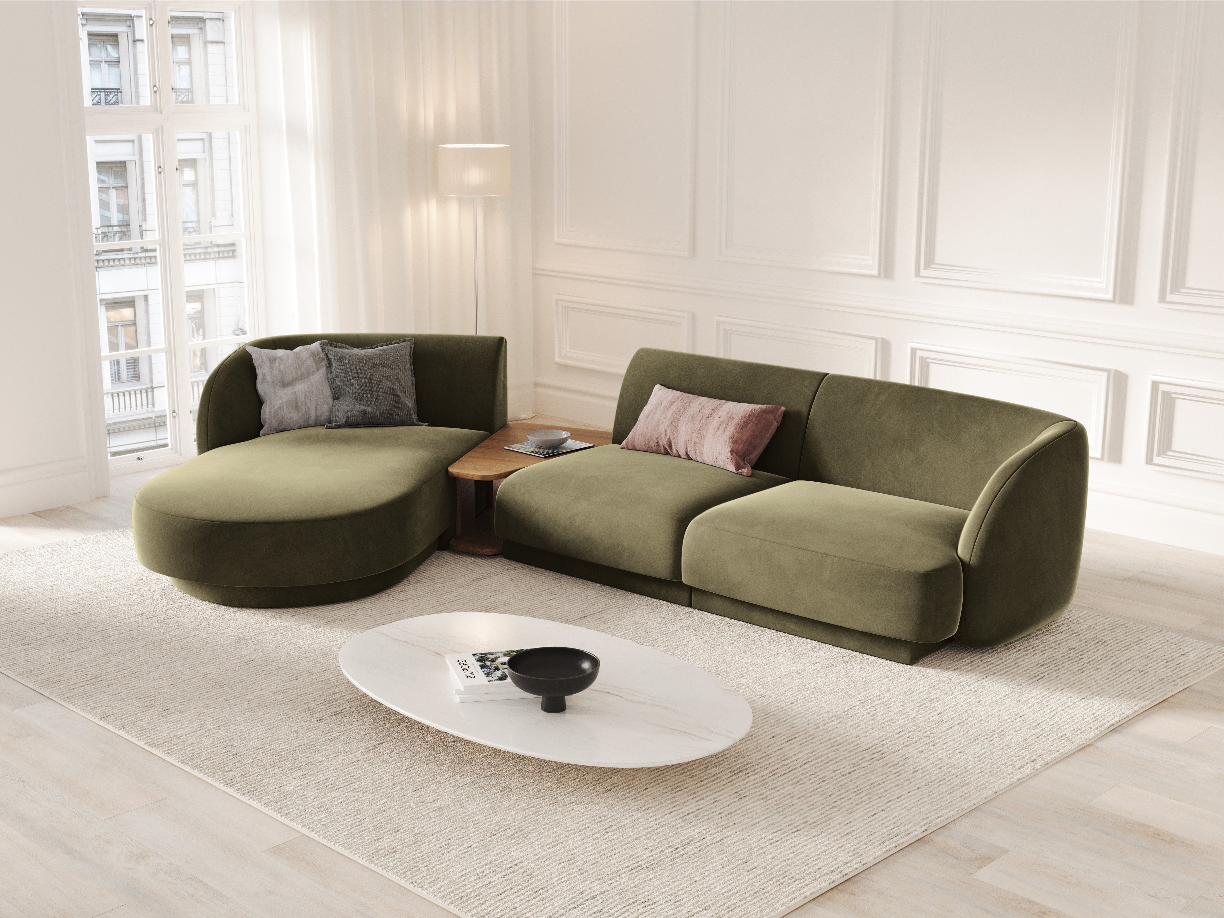 Modular corner sofa with table 3-seater left-sided MILEY green