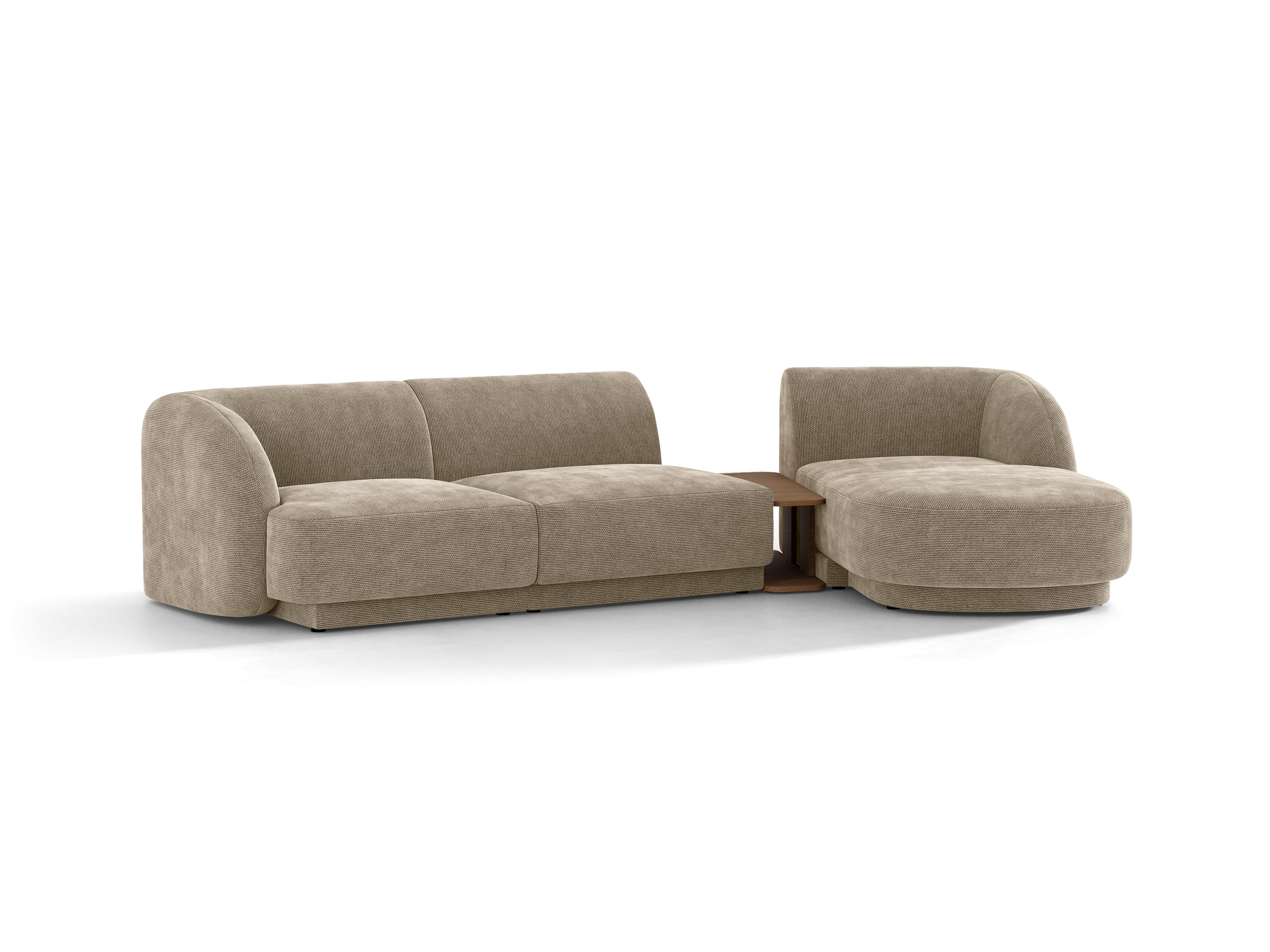 Narożnik modułowy ze stolikiem 3-osobowy prawostronny MILEY beżowy szenil jedwabisty – sofa narożna