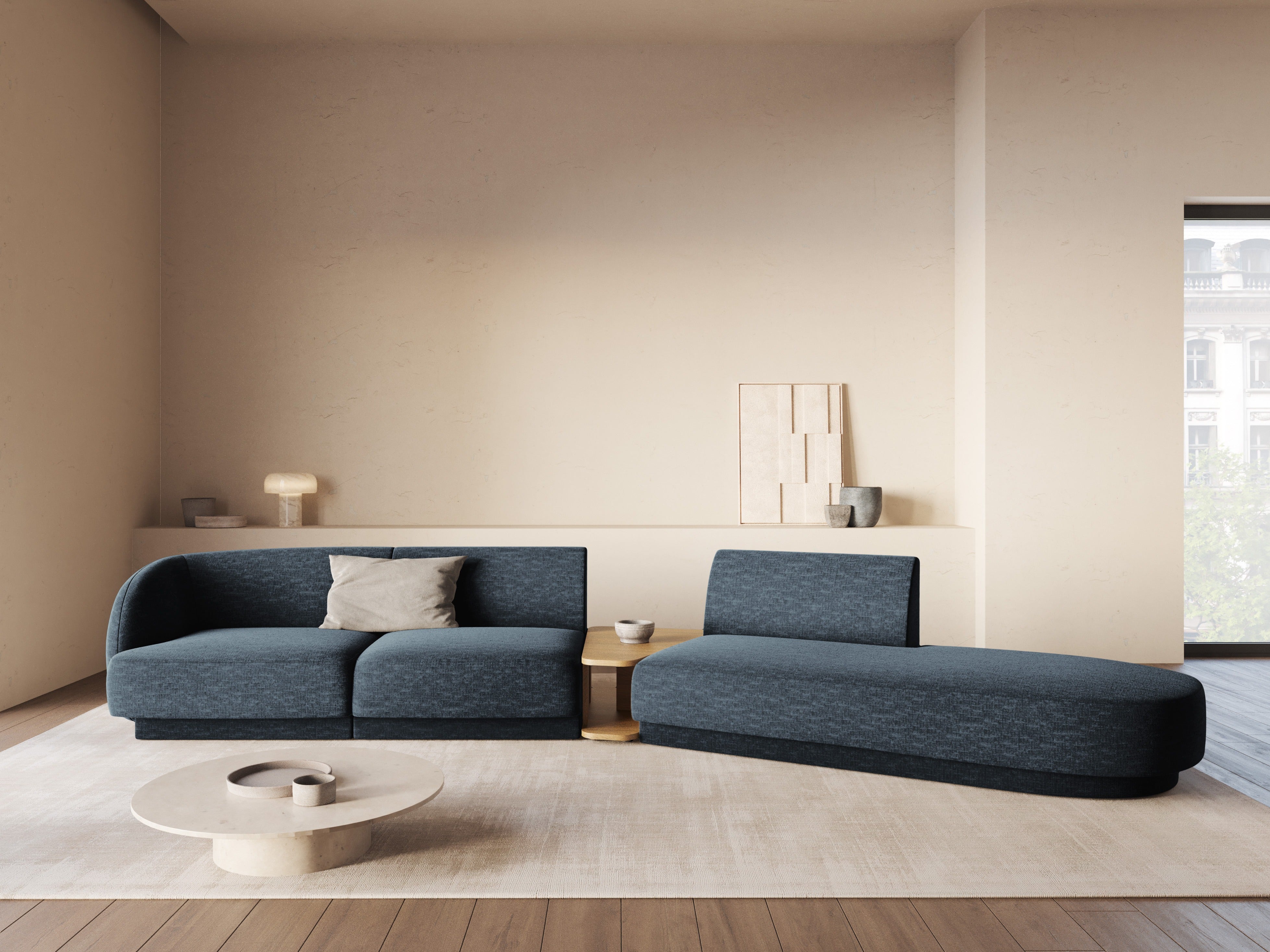 Modulares Sofa mit Tisch, 4-Sitzer, rechtsseitig, MILEY, königsblau, schimmernder Chenille