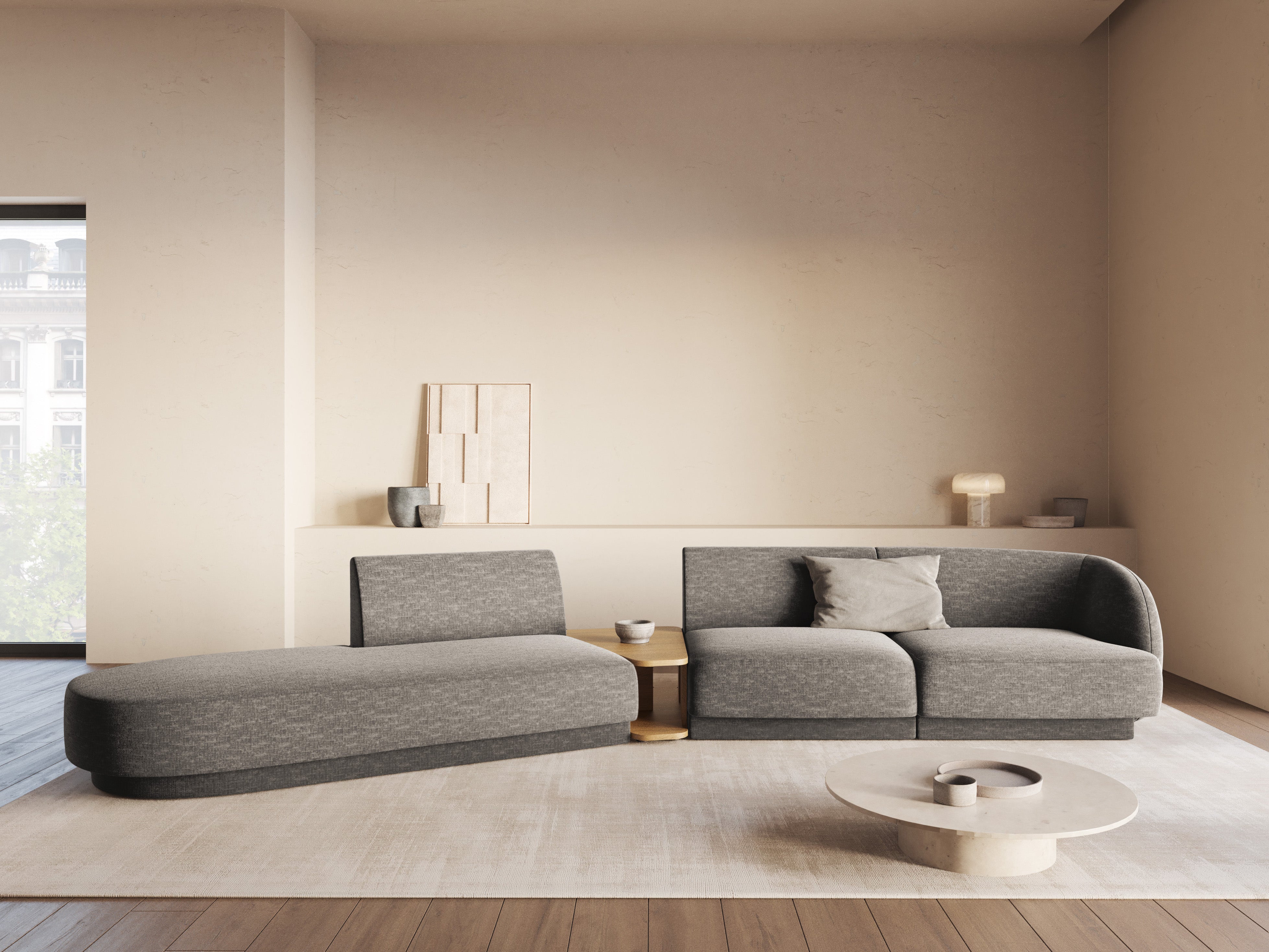 Left-sided modular sofa with table for 4 people MILEY gray chenille silky