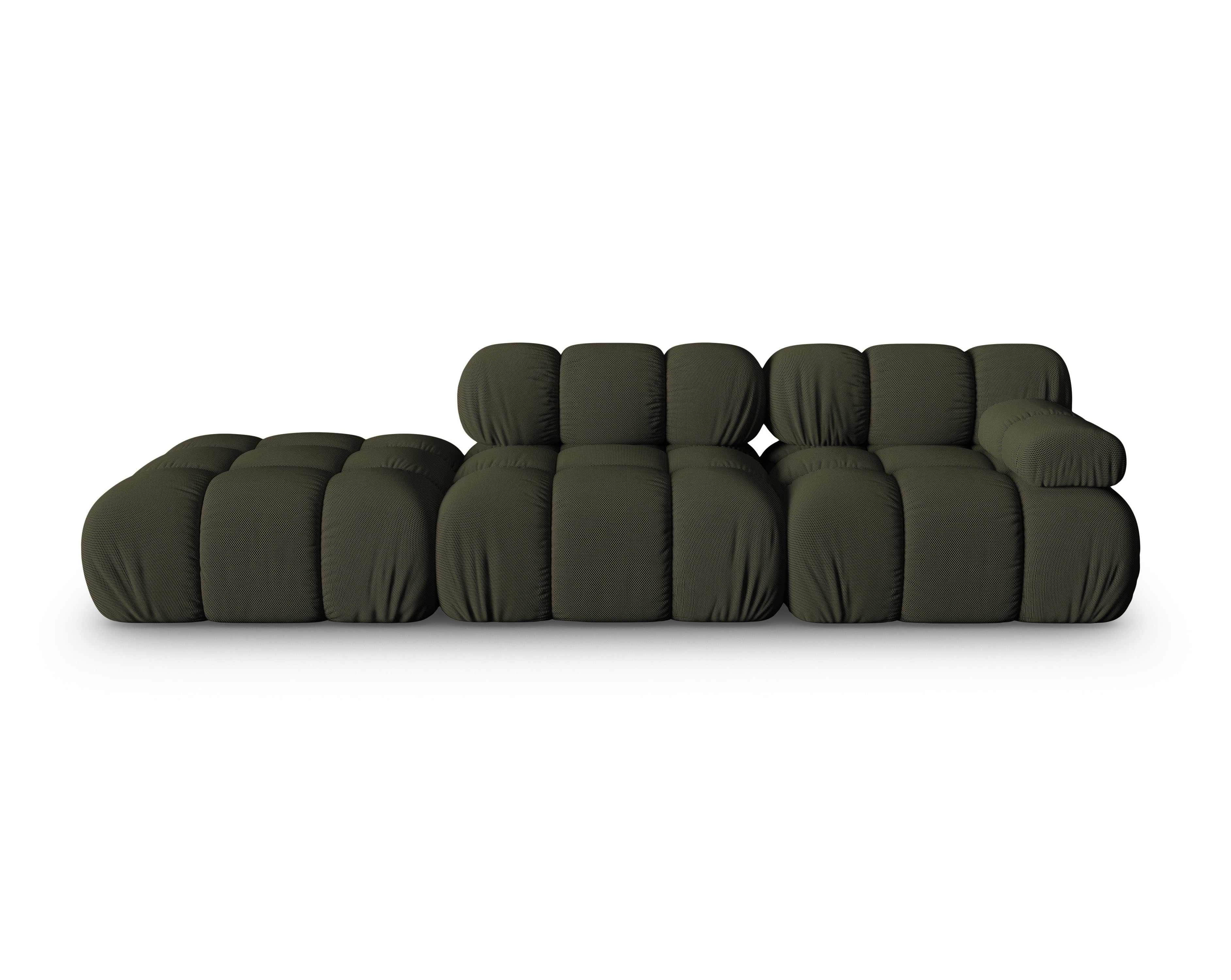 Modulares offenes Sofa BELLIS in dunkelgrünem 3D-Stoff, linksseitig.