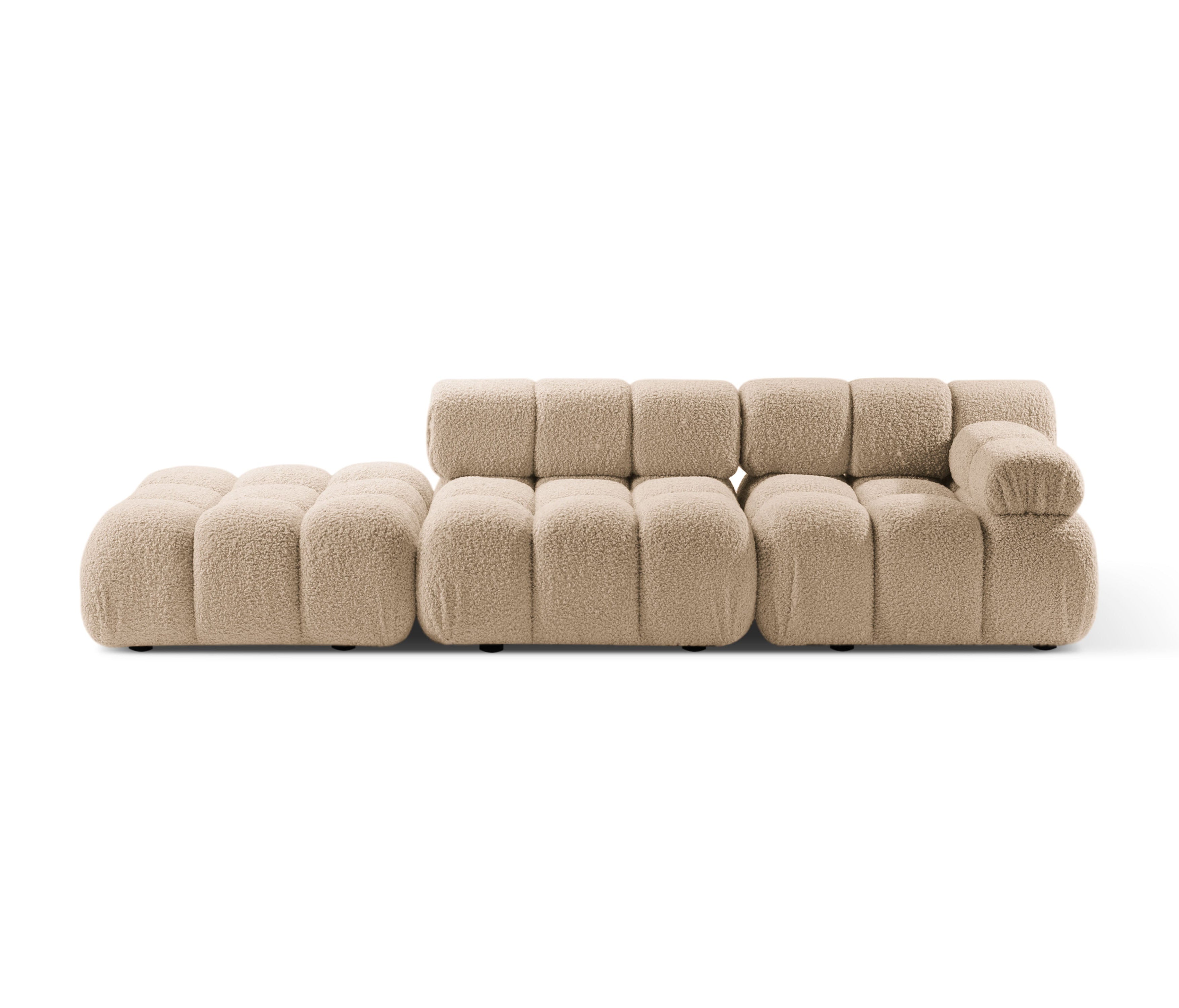 Modulares offenes Sofa BELLIS in sandfarbener Boucle, linksseitig.