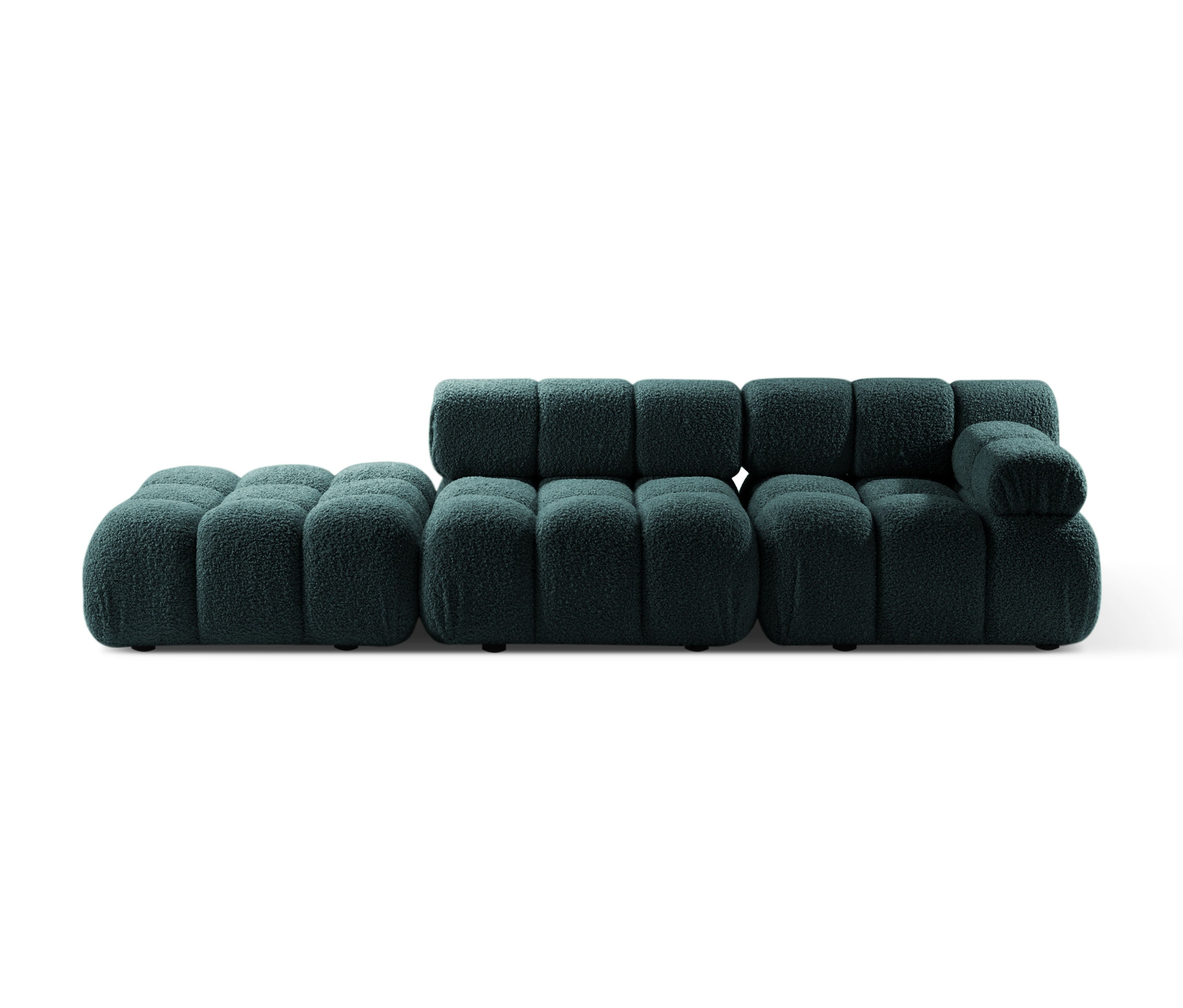 Modulares offenes Sofa BELLIS in petrolblauem Boucle-Stoff, linksseitig.