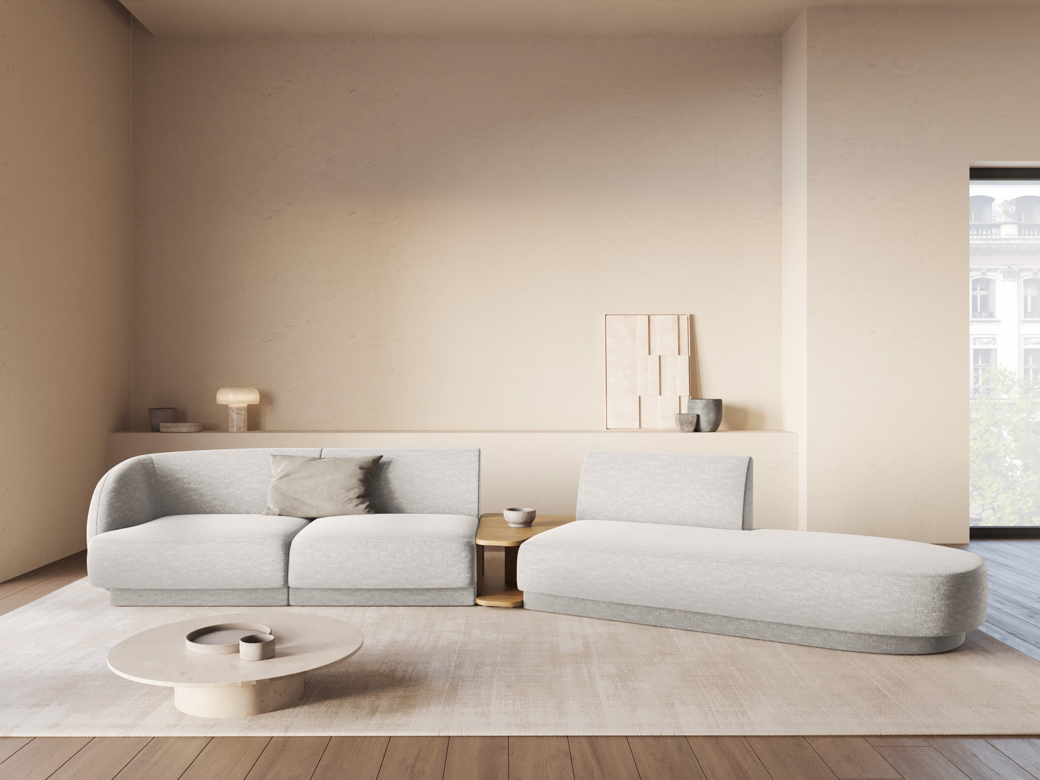 Right-facing modular sofa with table for 4 people MILEY gray chenille