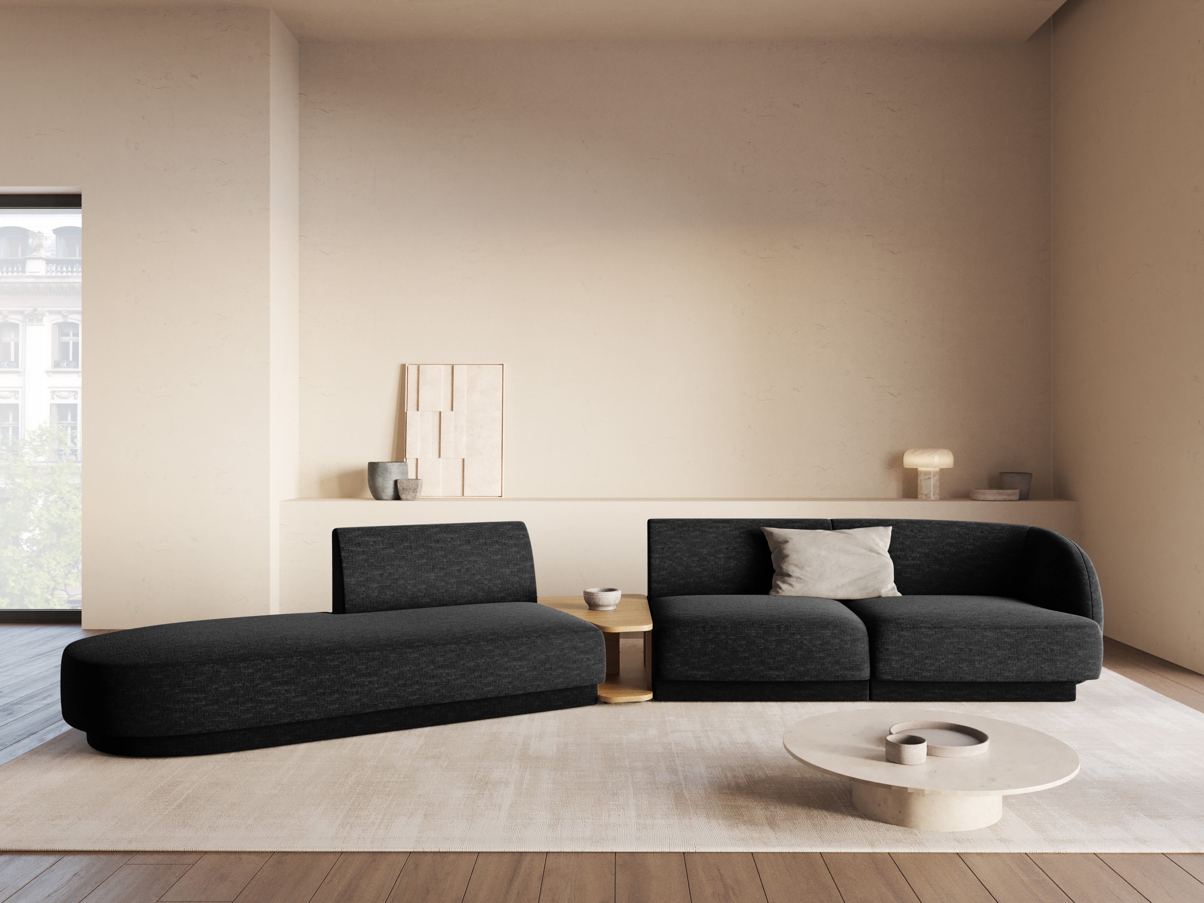 Left-facing modular sofa with table for 4 people MILEY black chenille