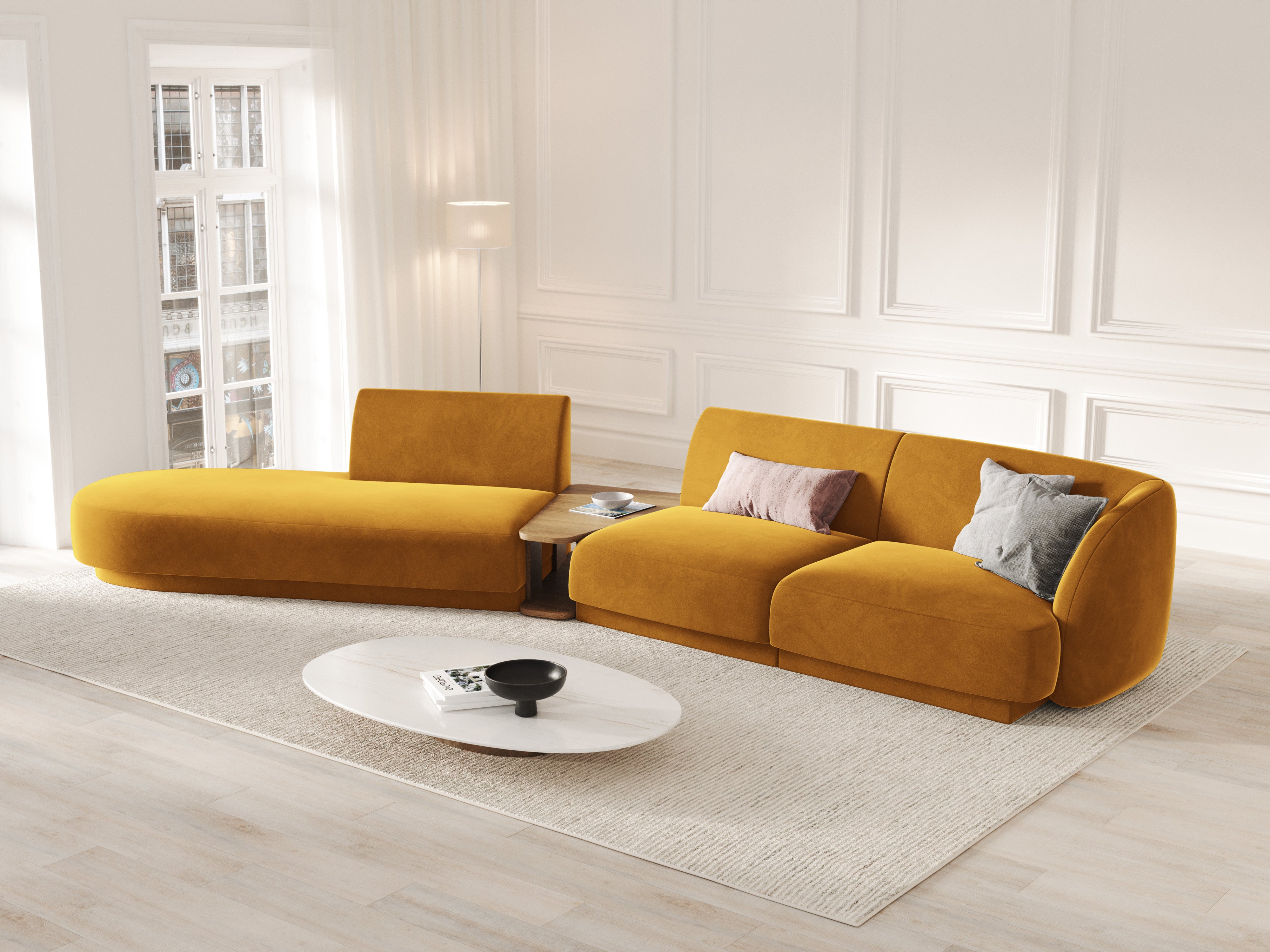Modulares Sofa links mit Tisch, 4-sitzig, samt MILEY, gelb