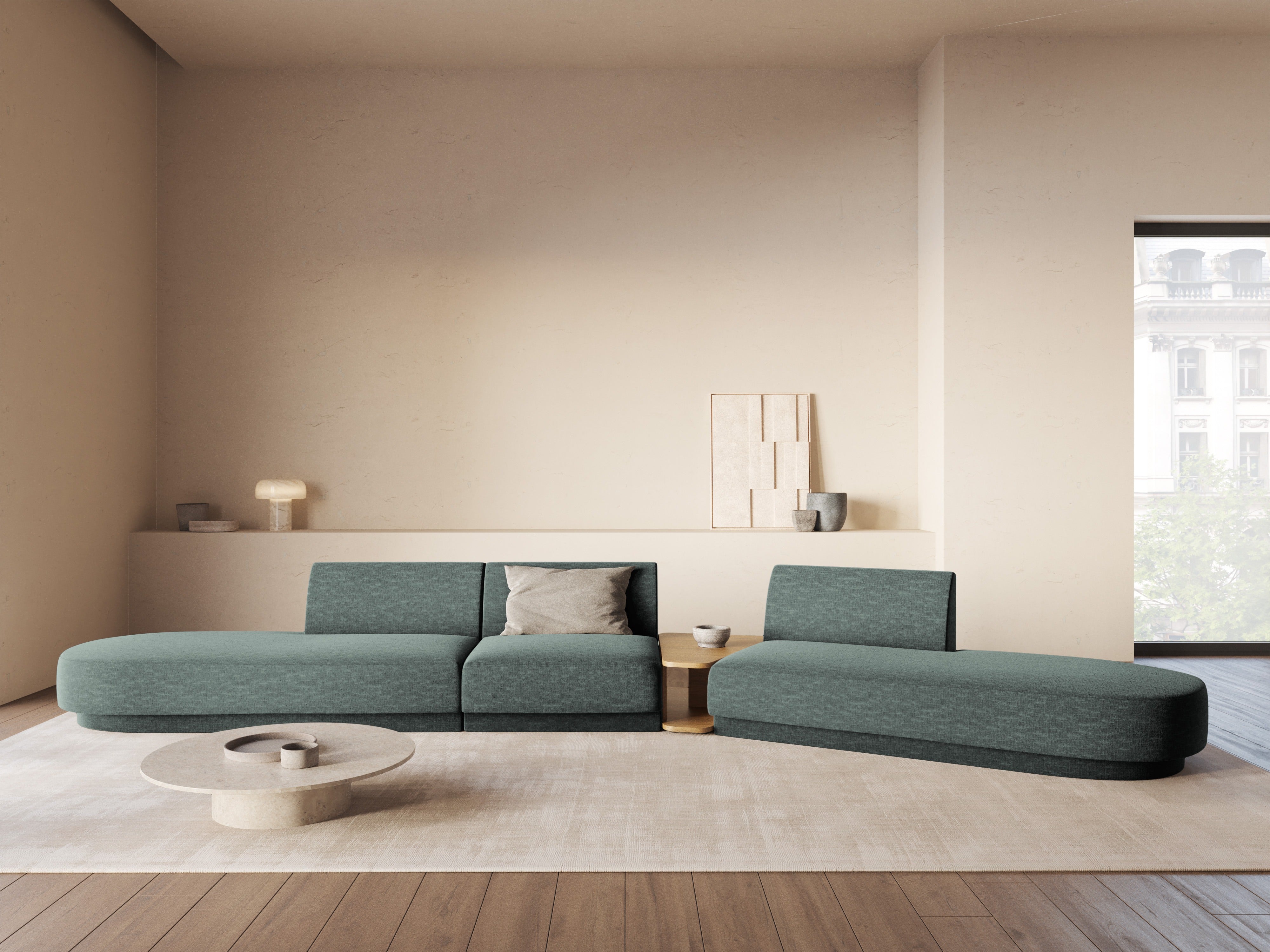 Right-facing modular sofa with table for 5 people MILEY petrol silky chenille