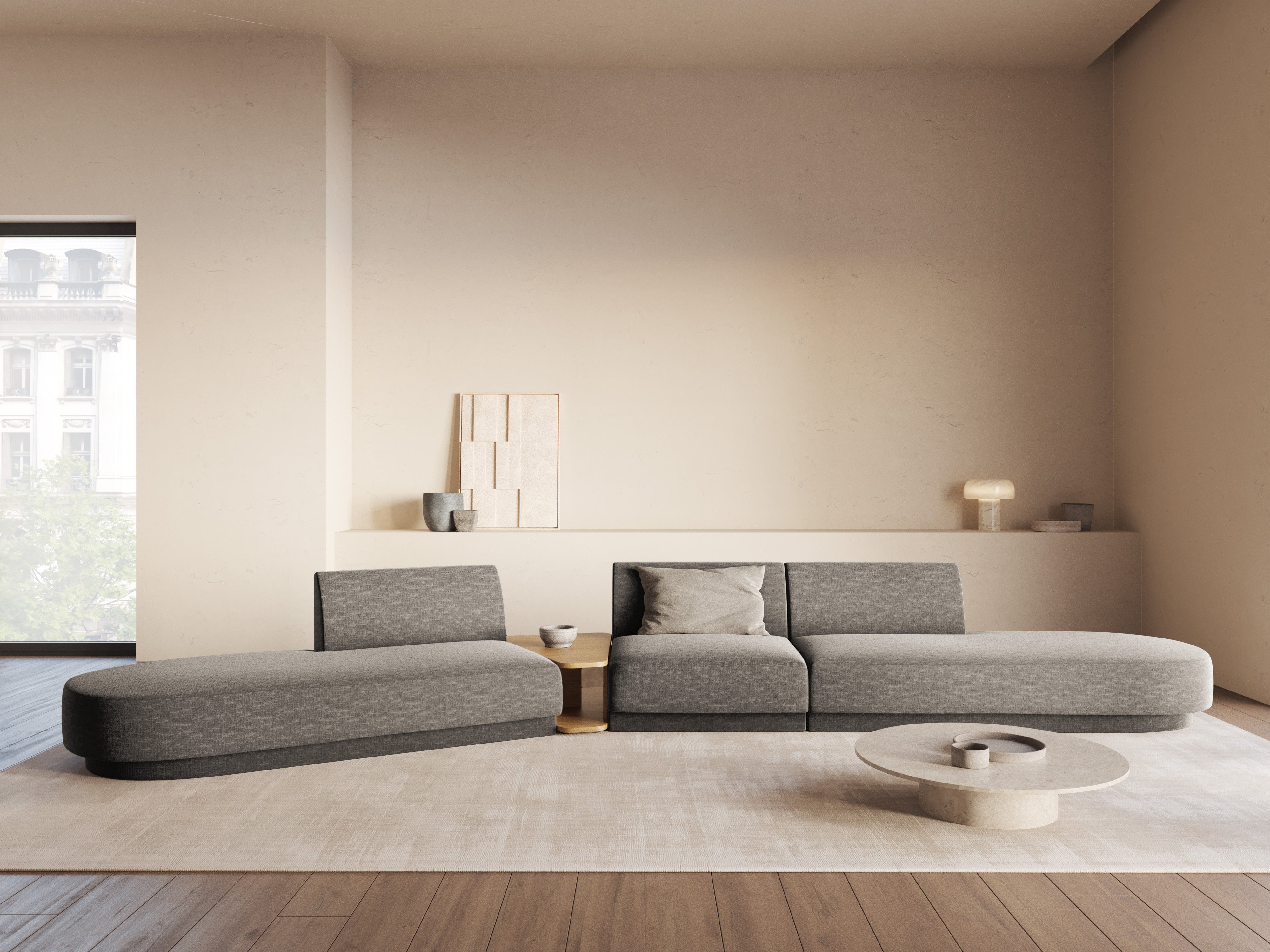 Modulares Sofa links mit Tisch für 5 Personen MILEY graues Chenille seidig