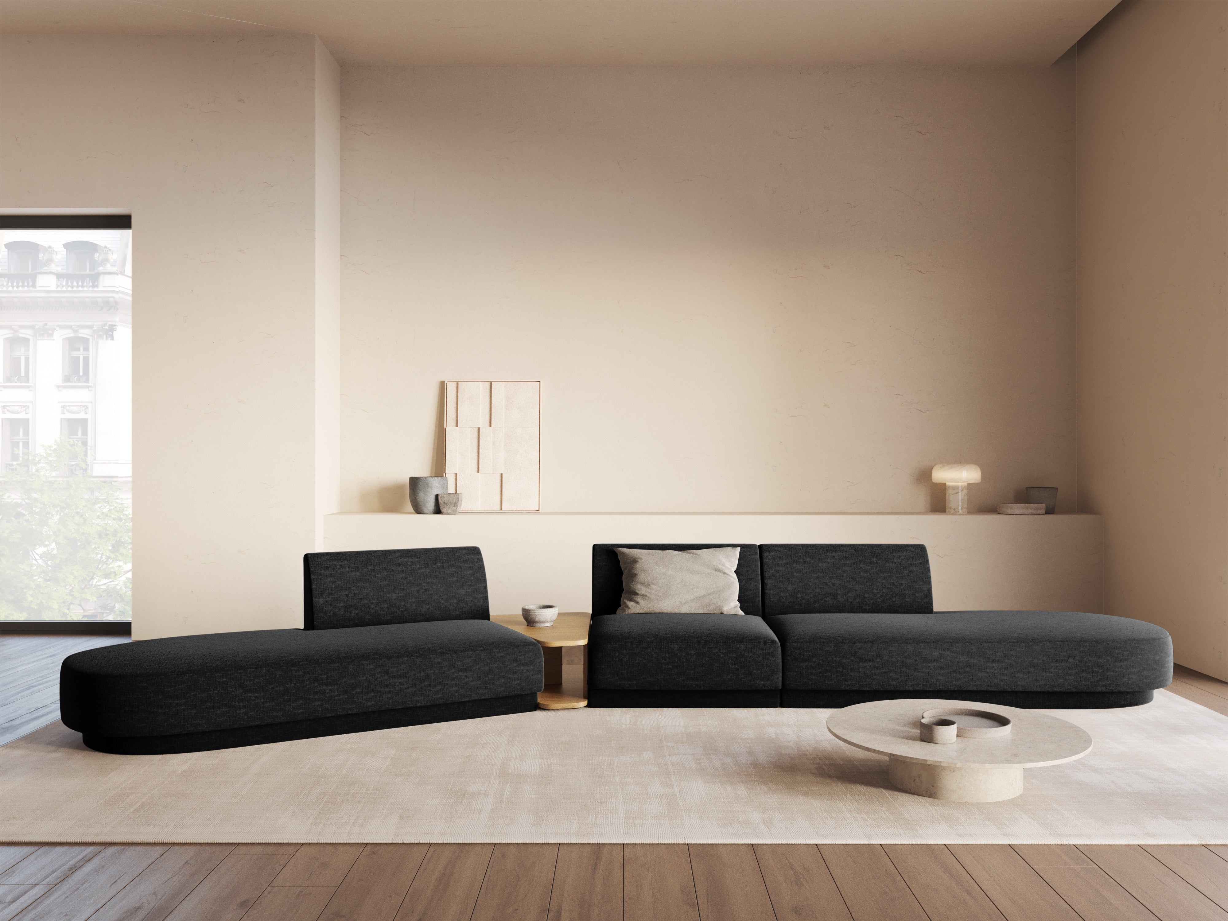 Modulares Sofa links mit Tisch für 5 Personen MILEY schwarzes Chenille