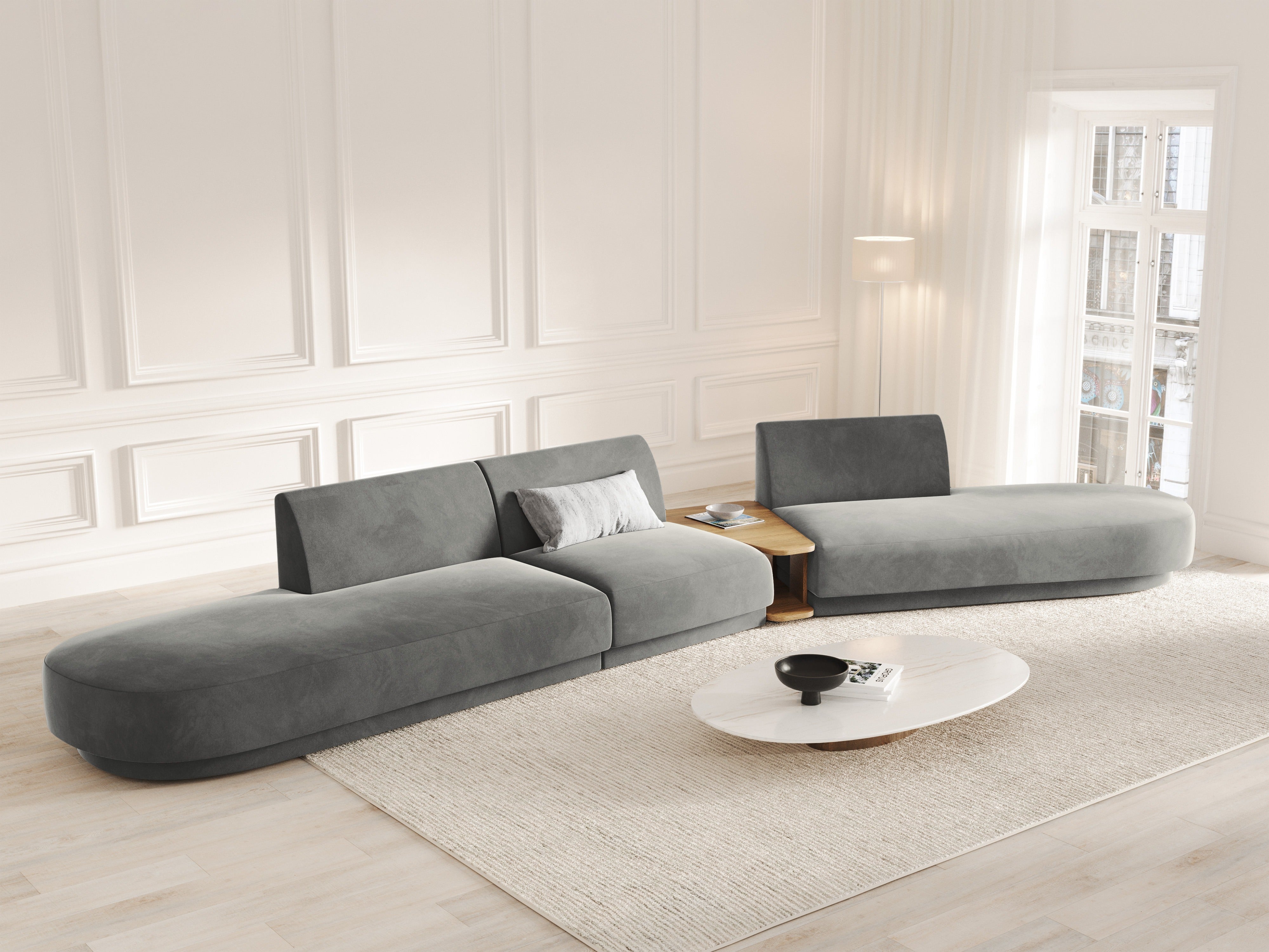 Right-facing modular sofa with table for 5 people, velvet MILEY light gray