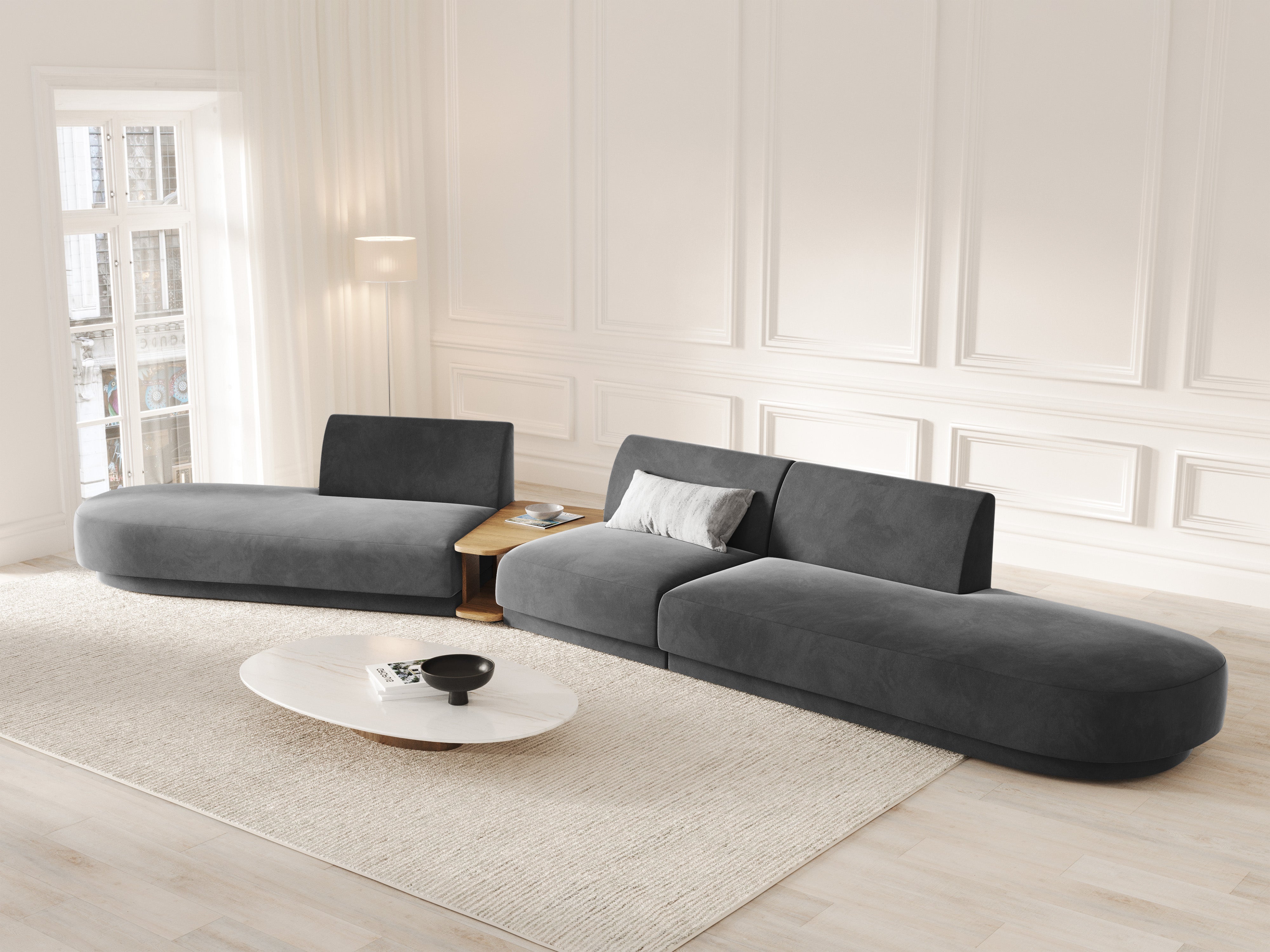 Left-sided modular sofa with table for 5 people, velvet MILEY in gray