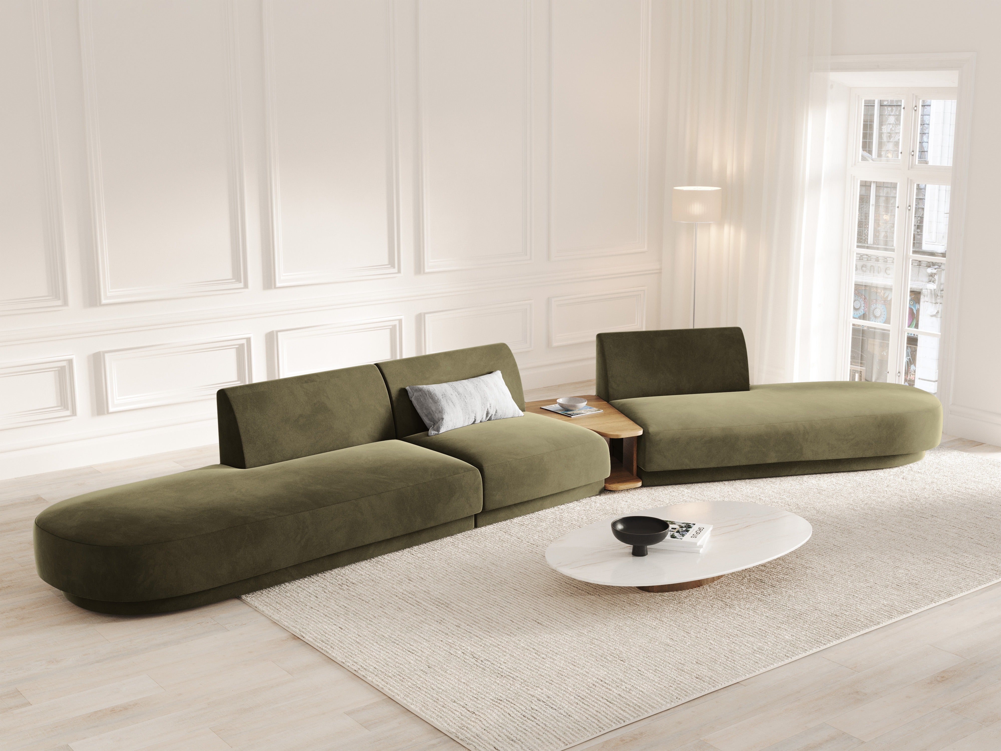 Right-facing modular sofa with table, 5-seater, velvet MILEY green