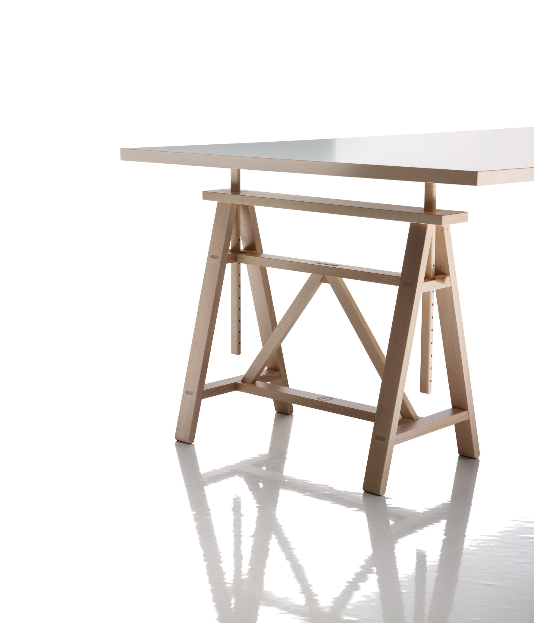 TEATRO adjustable table with a white top and wooden base