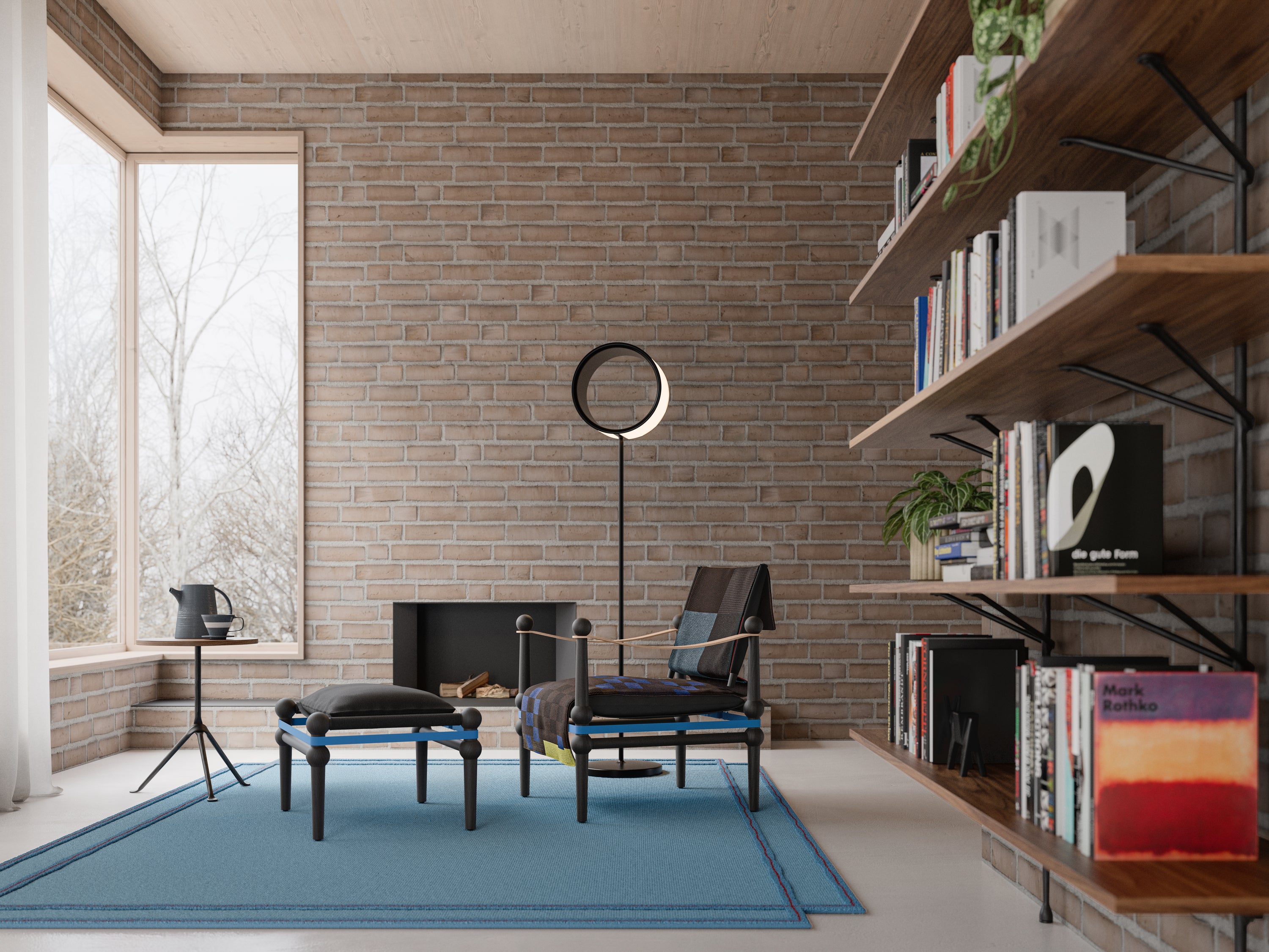 TWAIN armchair with a brown-blue blanket and a black beech base