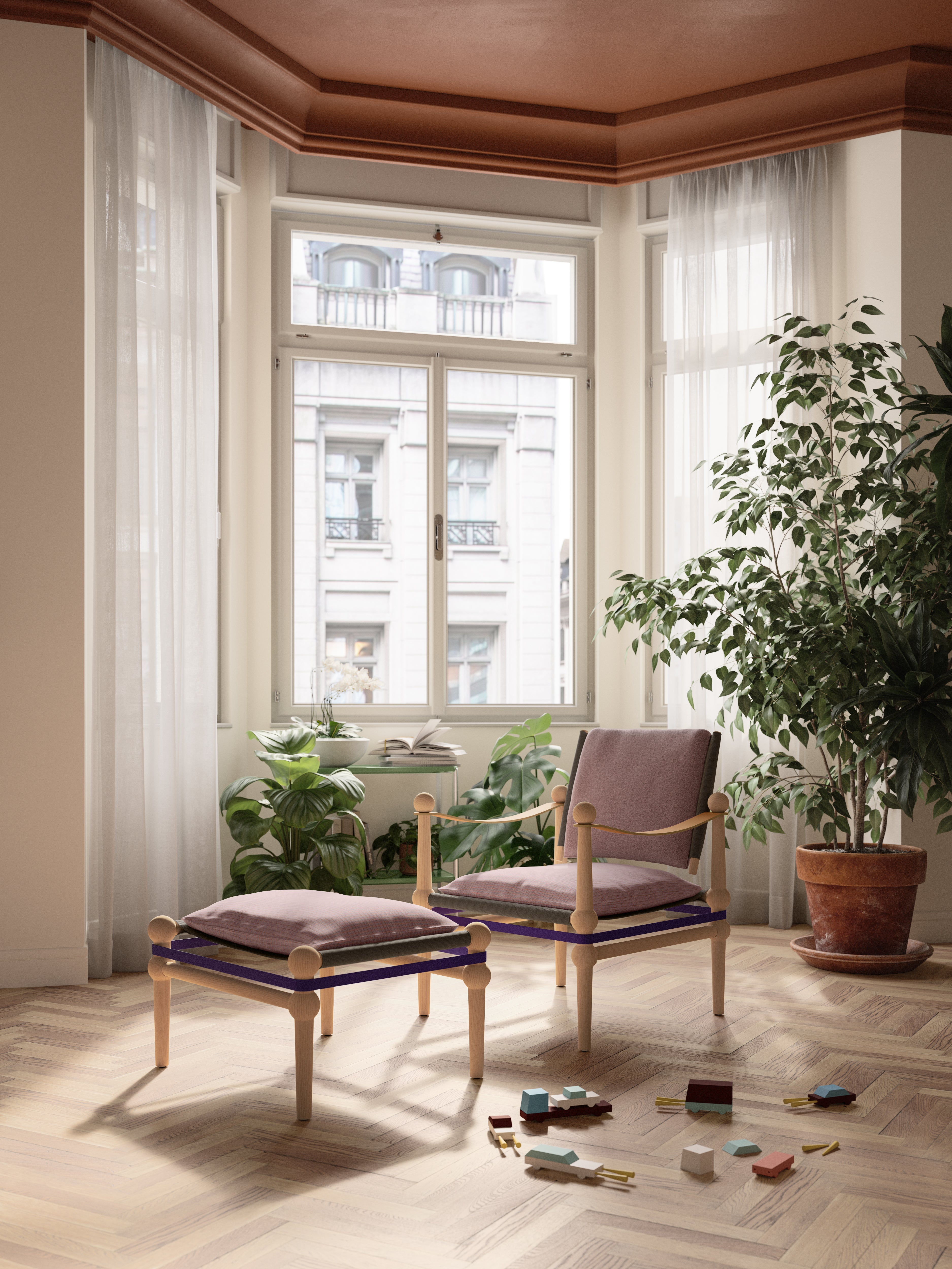 TWAIN armchair in blue with a light beech base