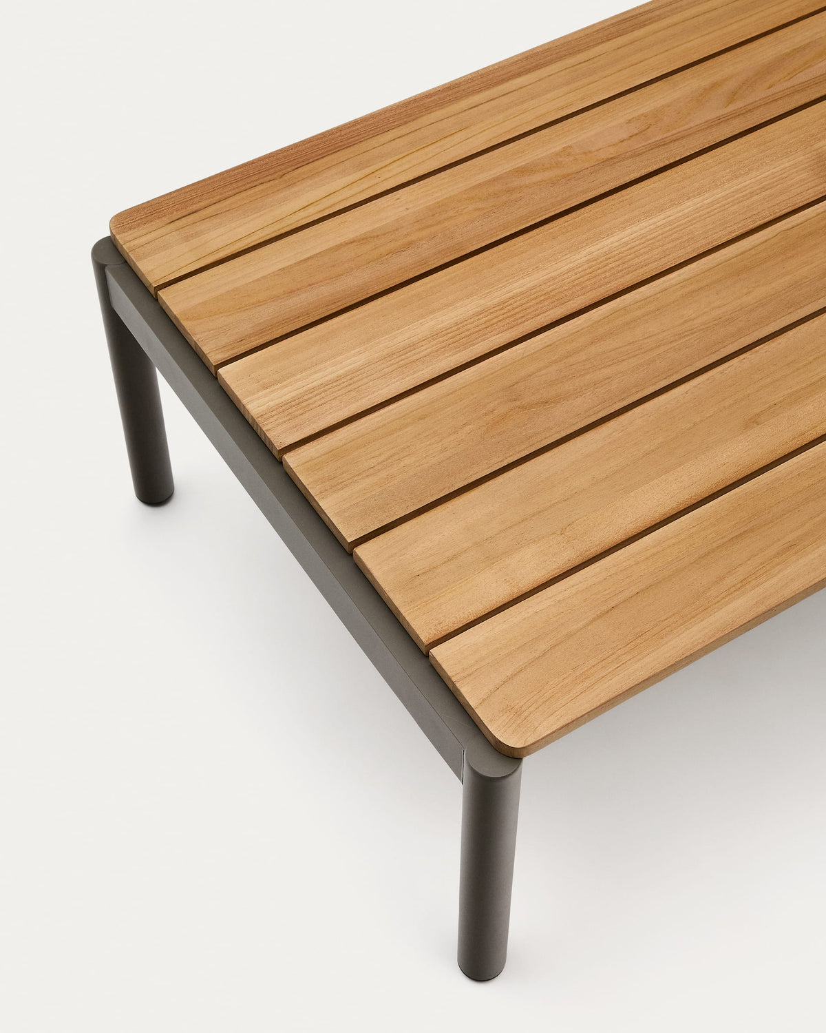 Stolik kawowy ogrodowy SORELLS zielone aluminium z blatem tekowym – ujęcie 3
