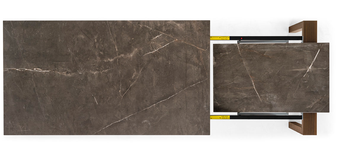 Extendable table OMNIA with a gray top and dark wooden base