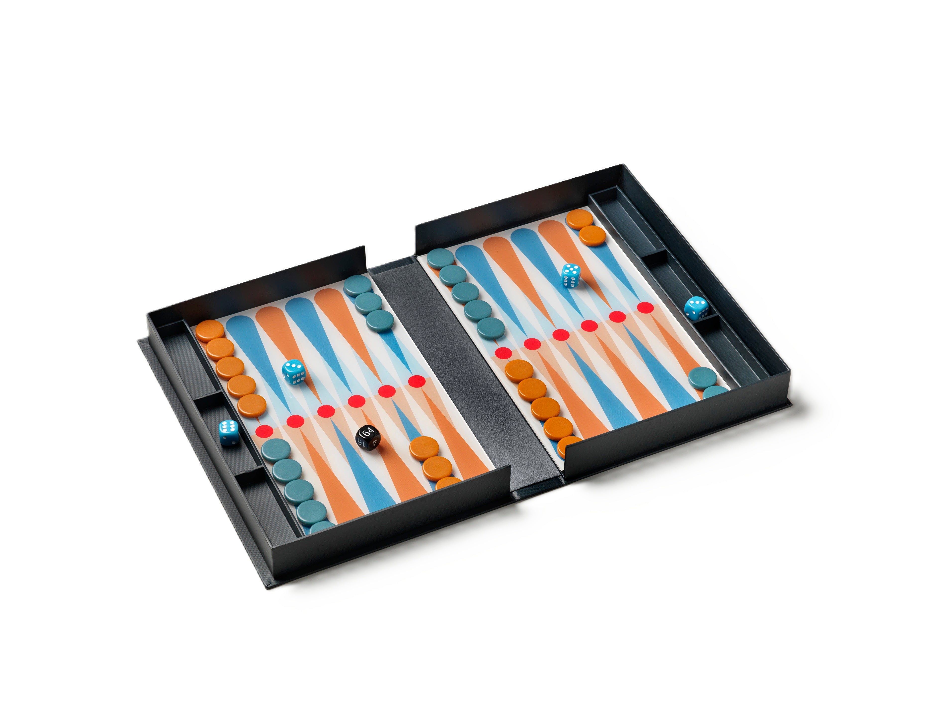 Zestaw do gry w backgammon ART OF BACKGAMMON szary z niebieskim i pomarańczowym – Printworks