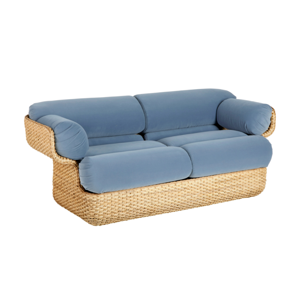 2-seater BASKET sofa in blue with rattan