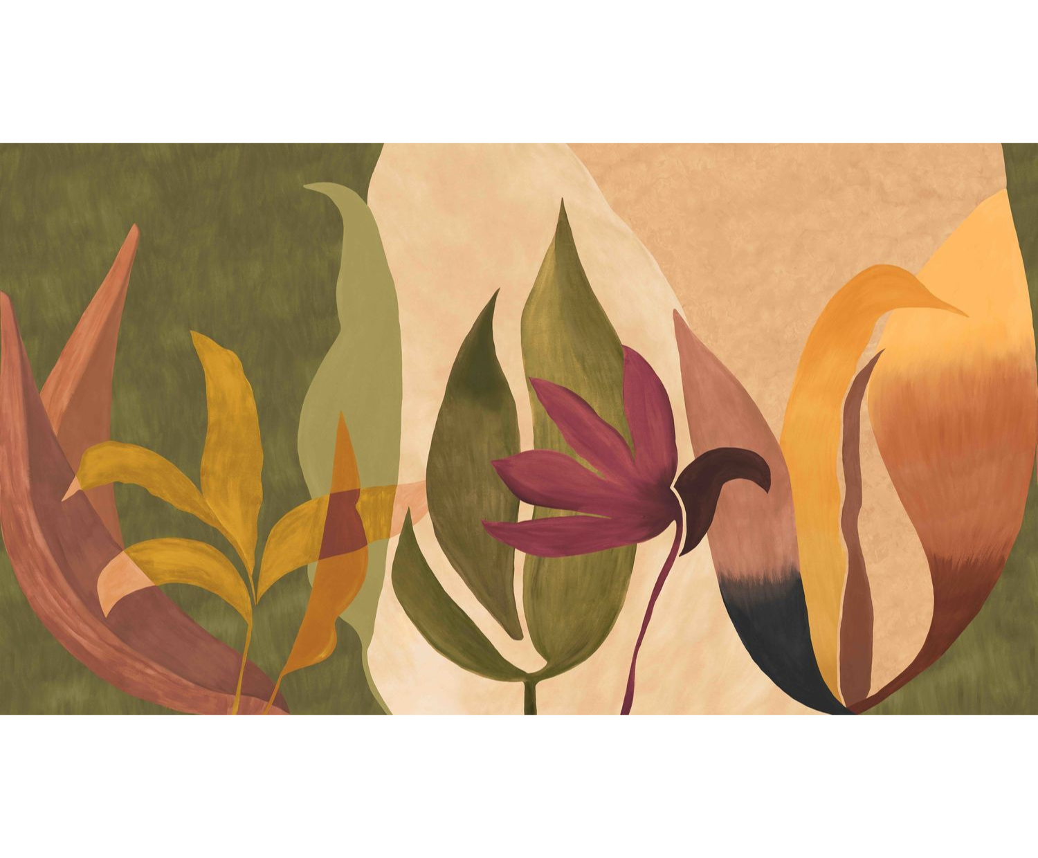 Mural with an abstract plant motif of NAHUA leaves in orange and green