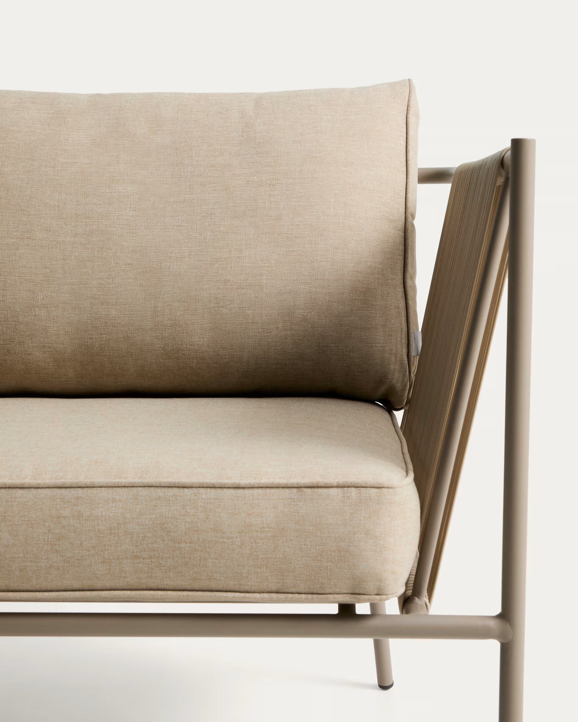 Fotel zewnętrzny ZIVIA lina taupe ze stalową podstawą na taras i do ogrodu – styl minimalistyczny