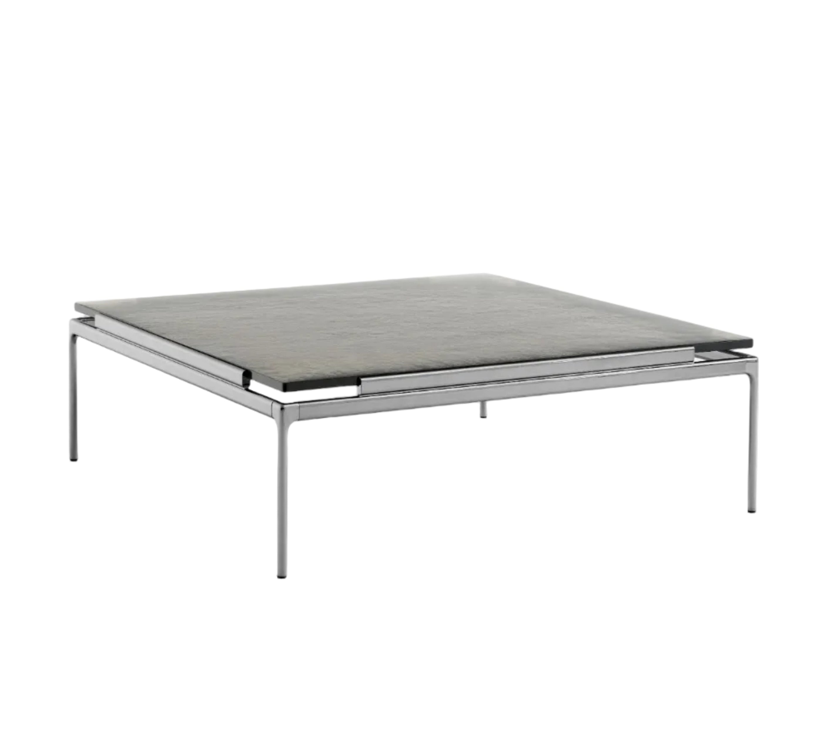 Quadratischer Couchtisch SETT LN13 mit rauchigem Glas und verchromtem Gestell