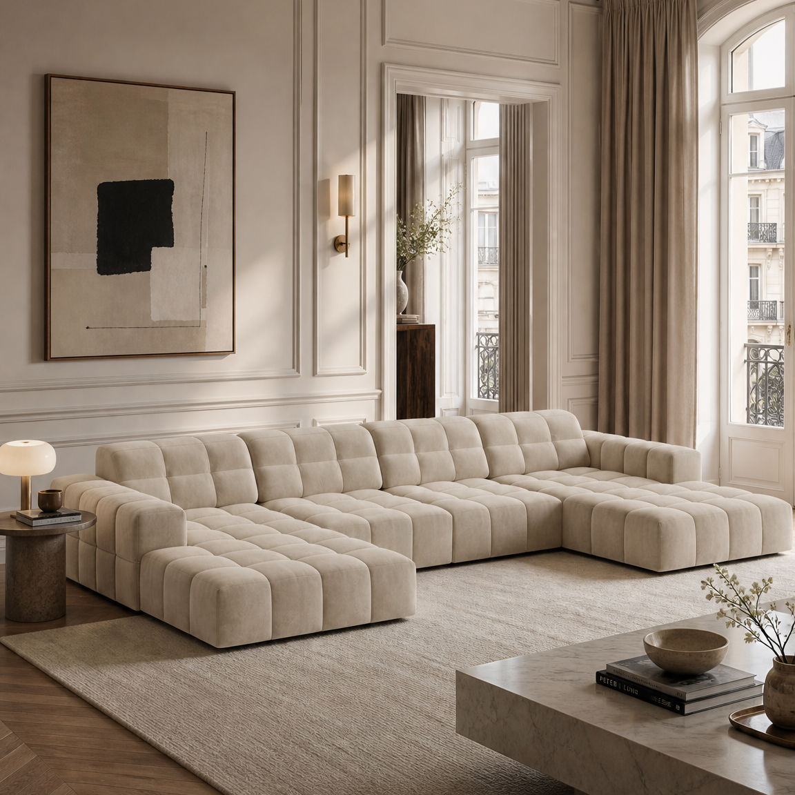Panoramischer Samt-Ecksofa links JENNIFER dunkelbeige