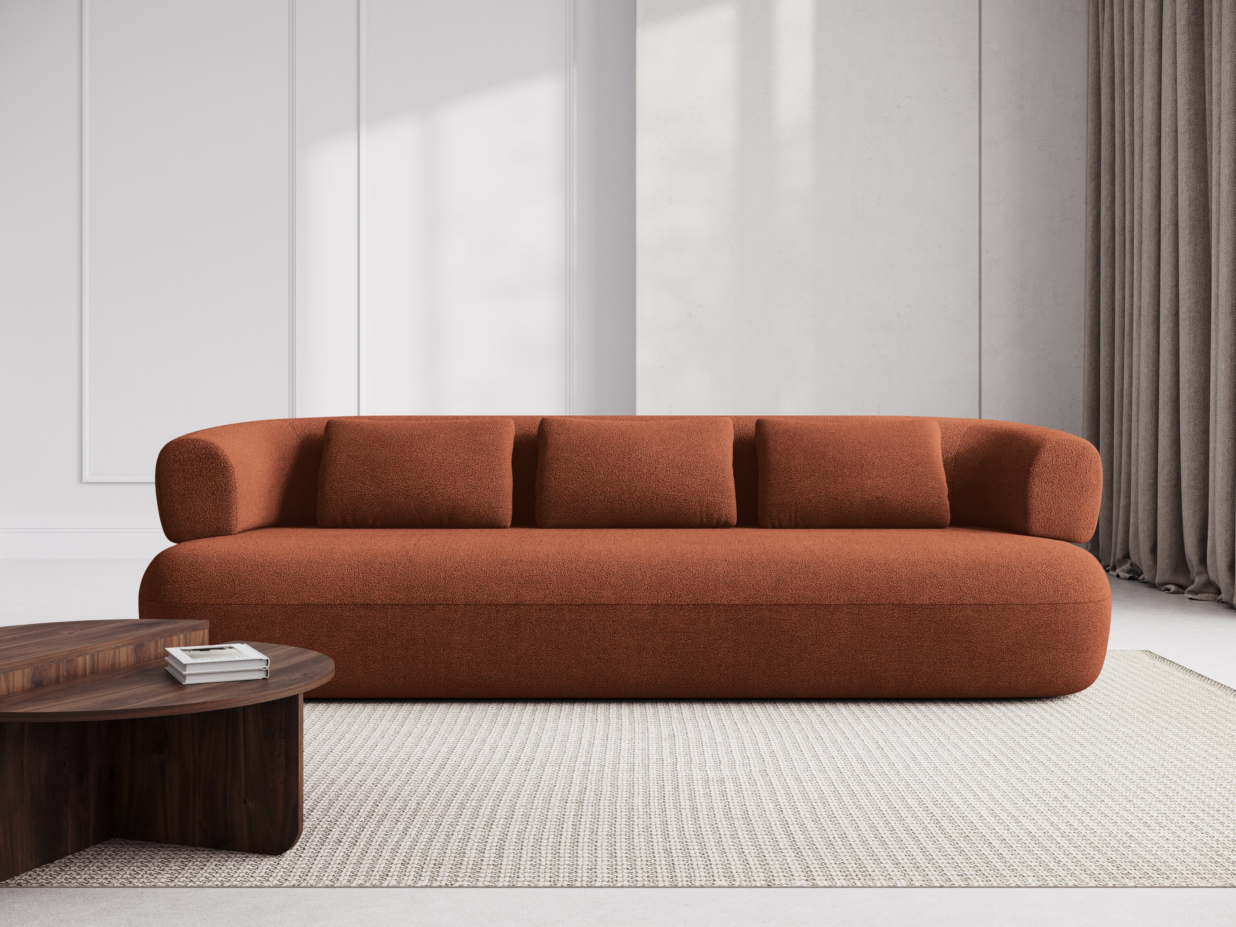 Zweisitzer-Ecksofa ALDRIN, rechtsseitig, in Ziegel-Boucle.