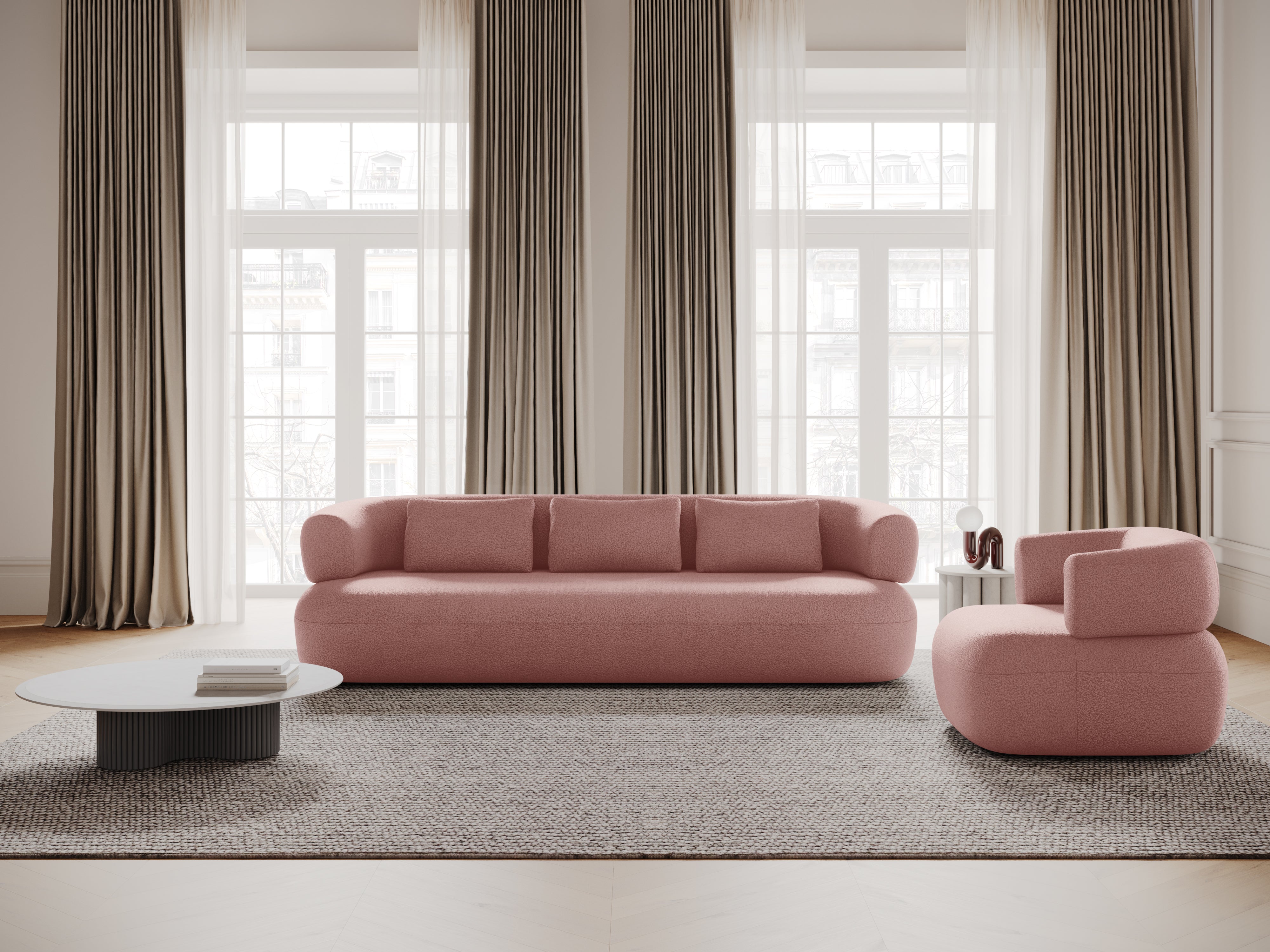 Zweisitzer-Ecksofa ALDRIN in pudrigem Rosa Boucle, linksseitig