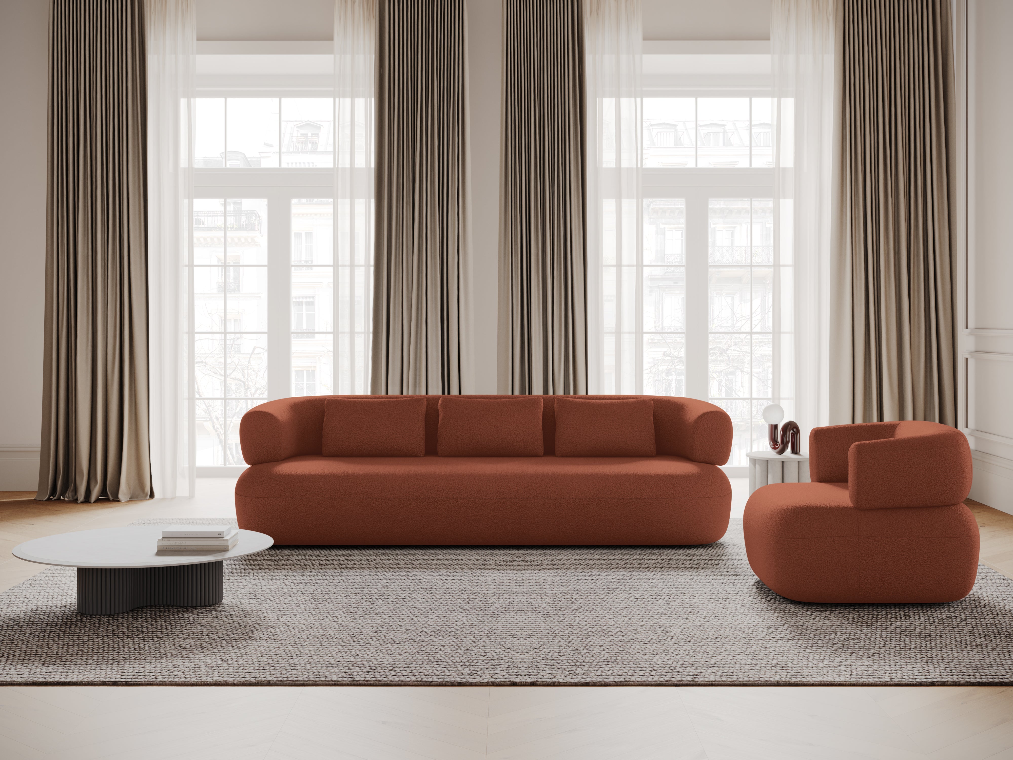 Zweisitzer-Ecksofa ALDRIN, rechtsseitig, in Ziegel-Boucle.