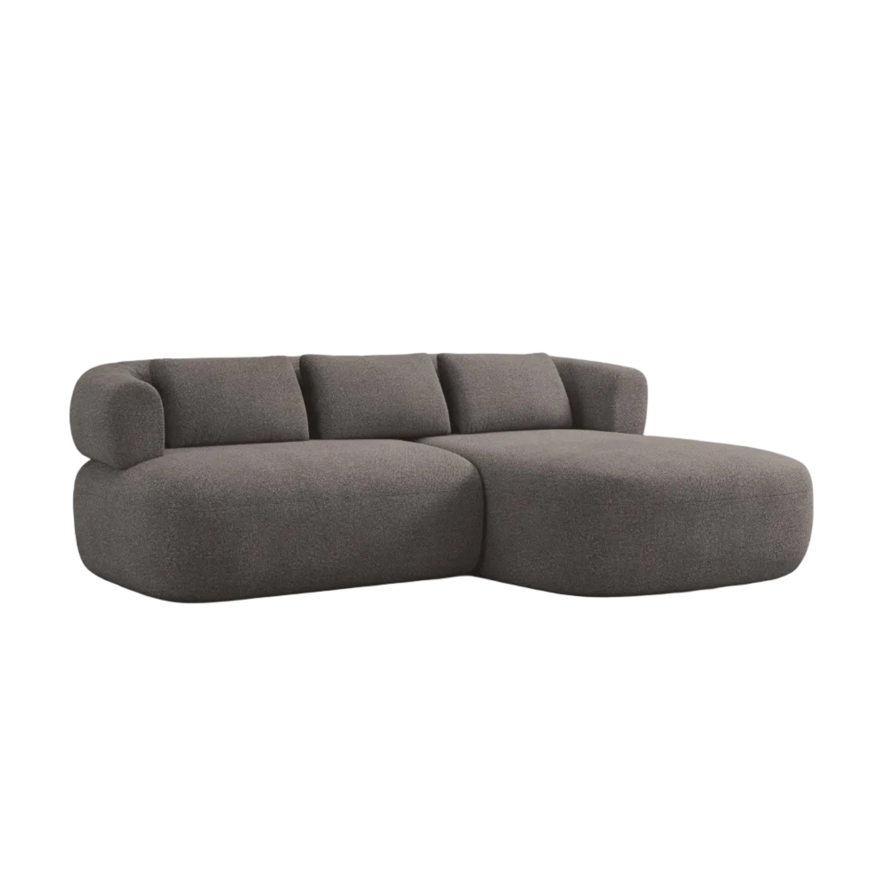 Zweisitzer-Ecksofa ALDRIN rechtsseitig in grauem Boucle.