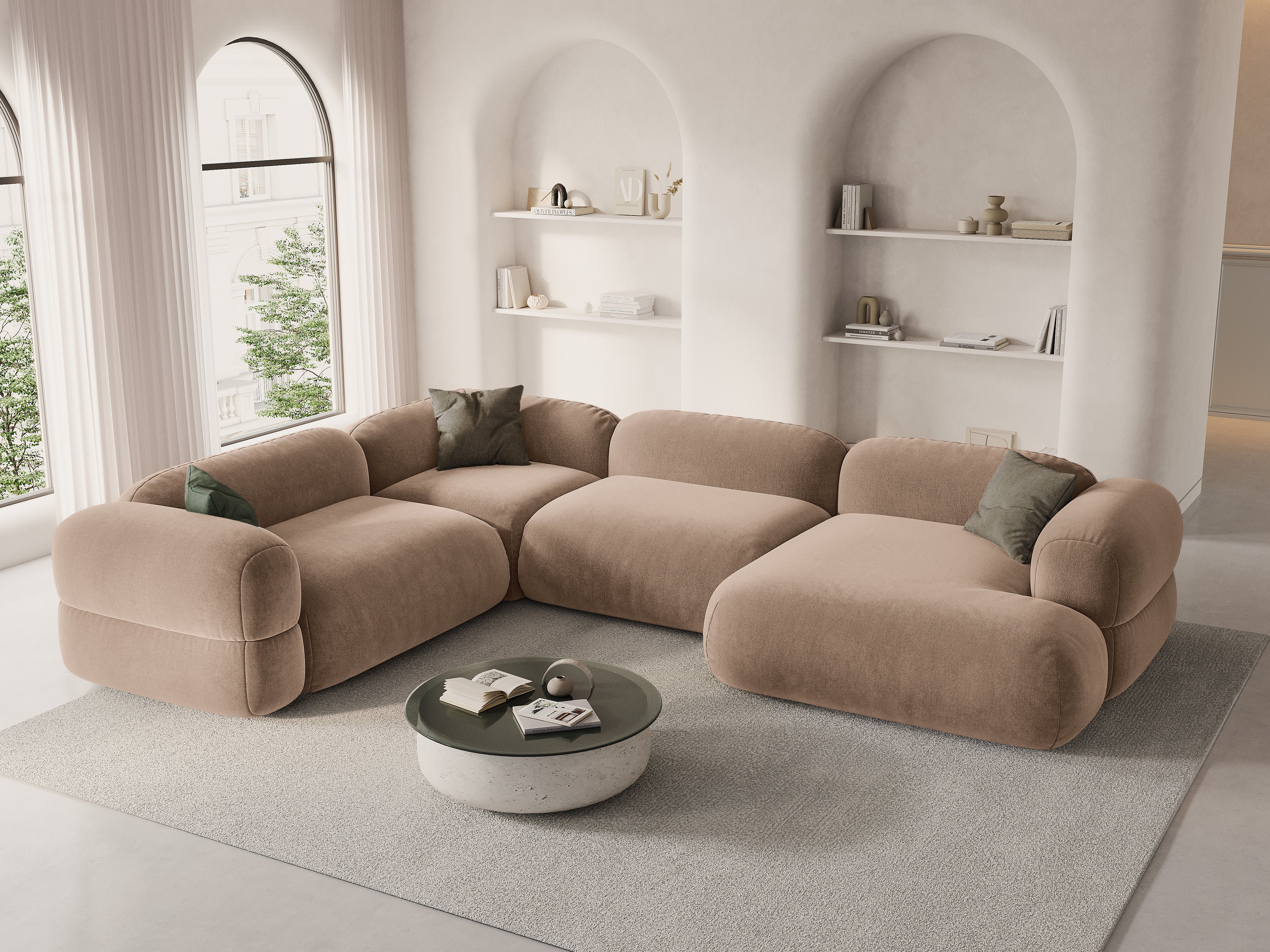 Samt-U-Form-Ecksofa links ROGER dunkelbeige