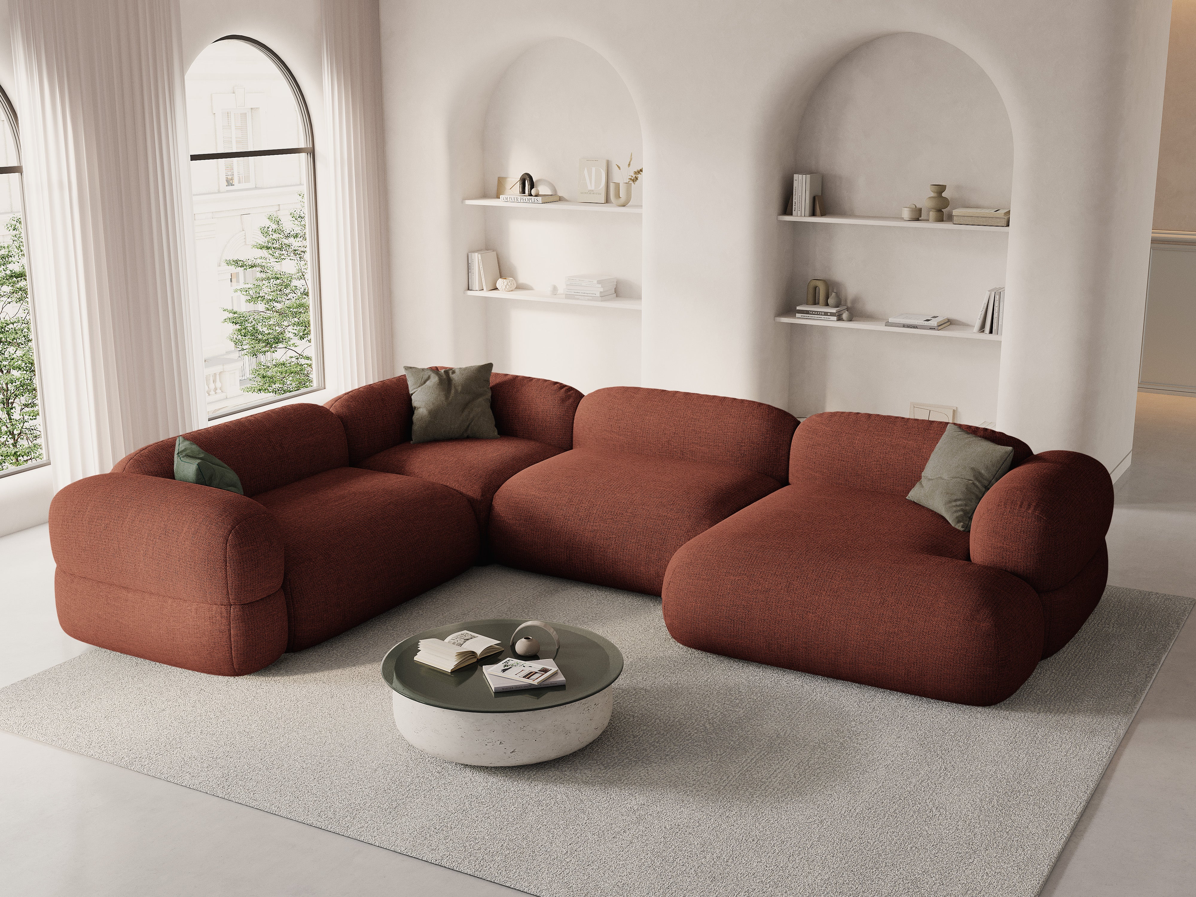 Left-facing U-shaped sofa ROGER coral chenille