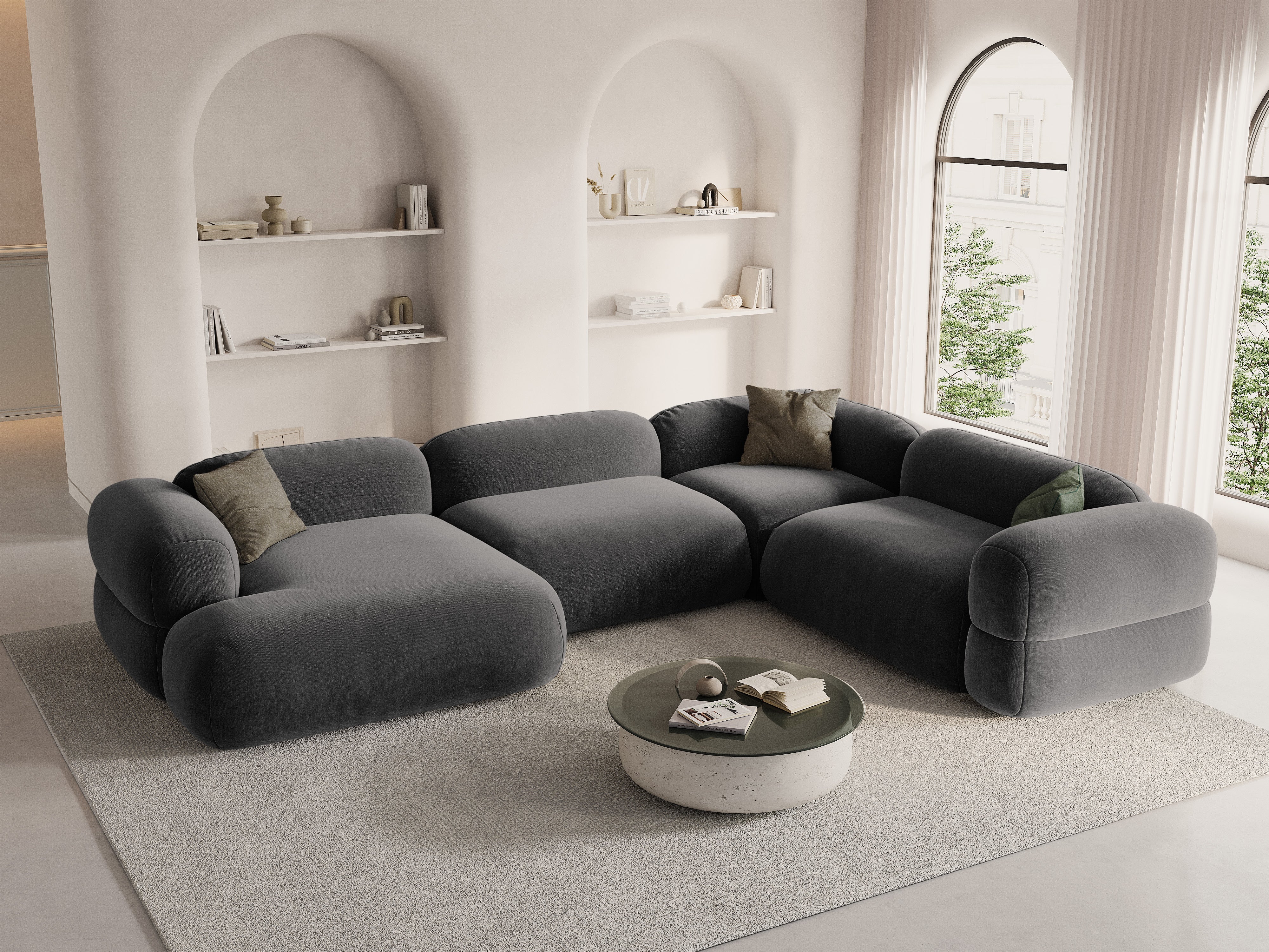 Right-facing U-shaped velvet corner sofa ROGER gray