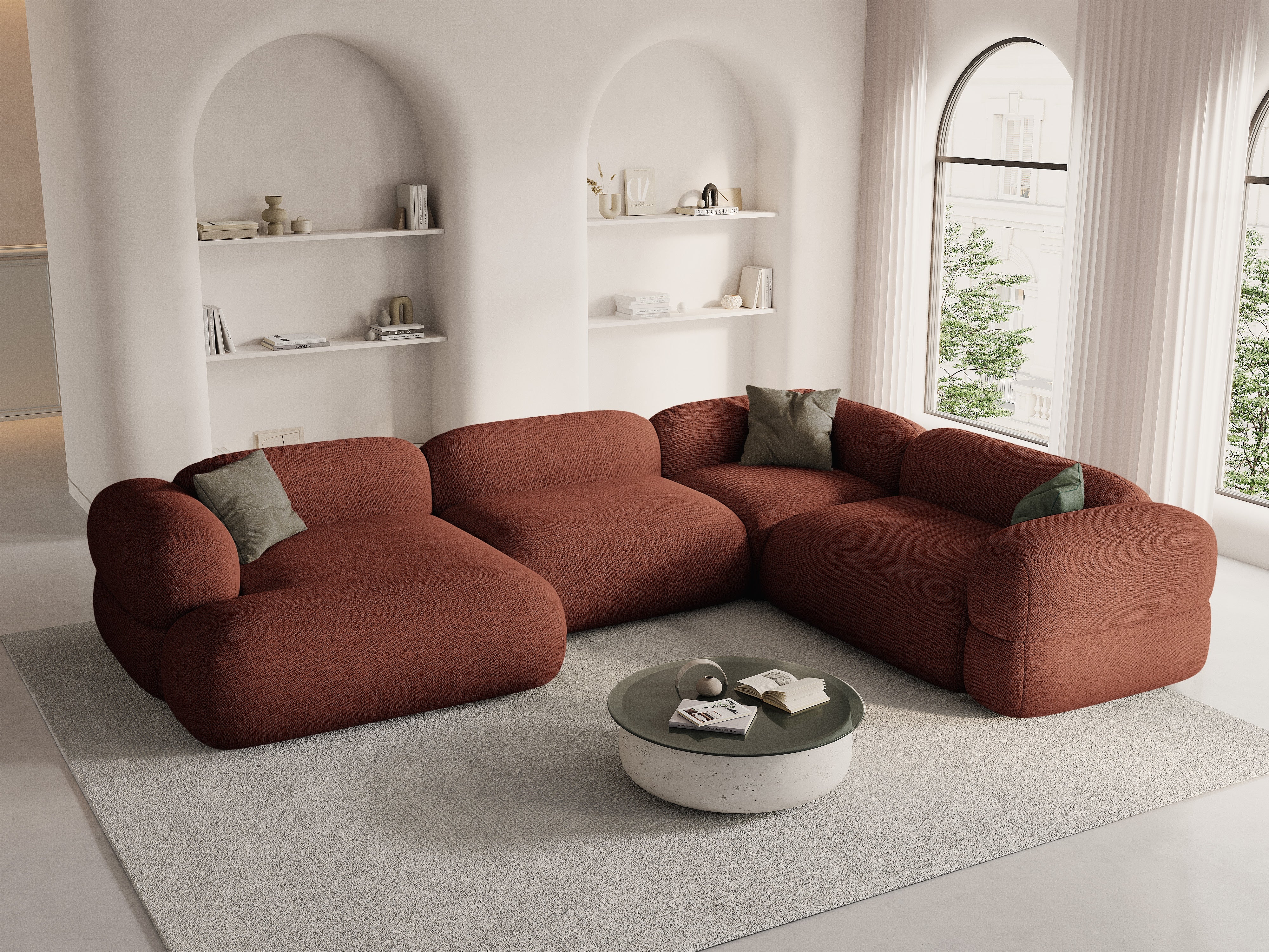 Right-facing U-shaped corner sofa ROGER coral chenille