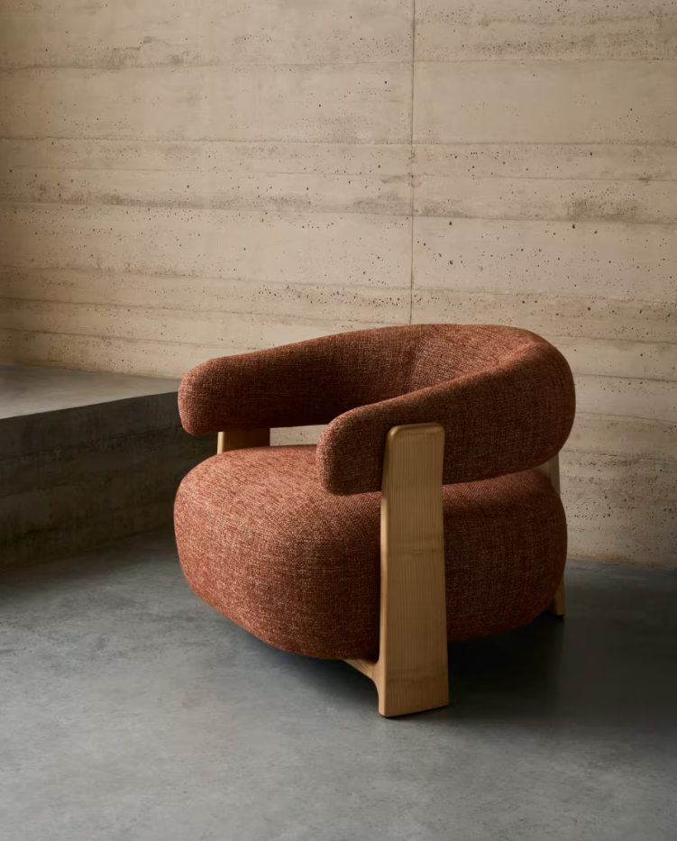 GRANITE armchair in red chenille with an ash base