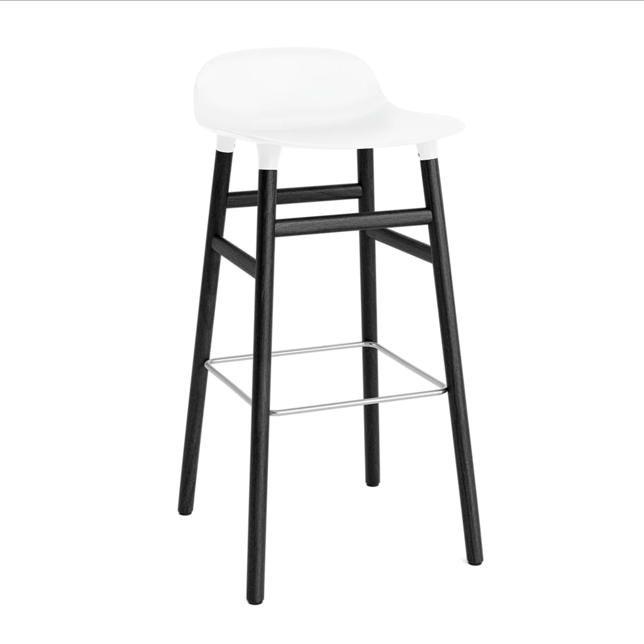 Weißer Rollhocker bildet sich mit einer schwarzen Eichenbasis