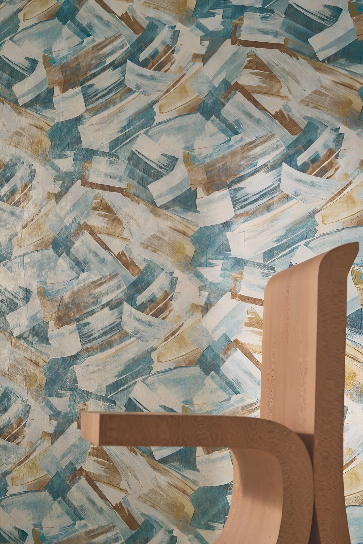 Metallic Wallpaper with Abstract Pattern IMPULSION - TOPAZE DORÉ Blue with Bronze