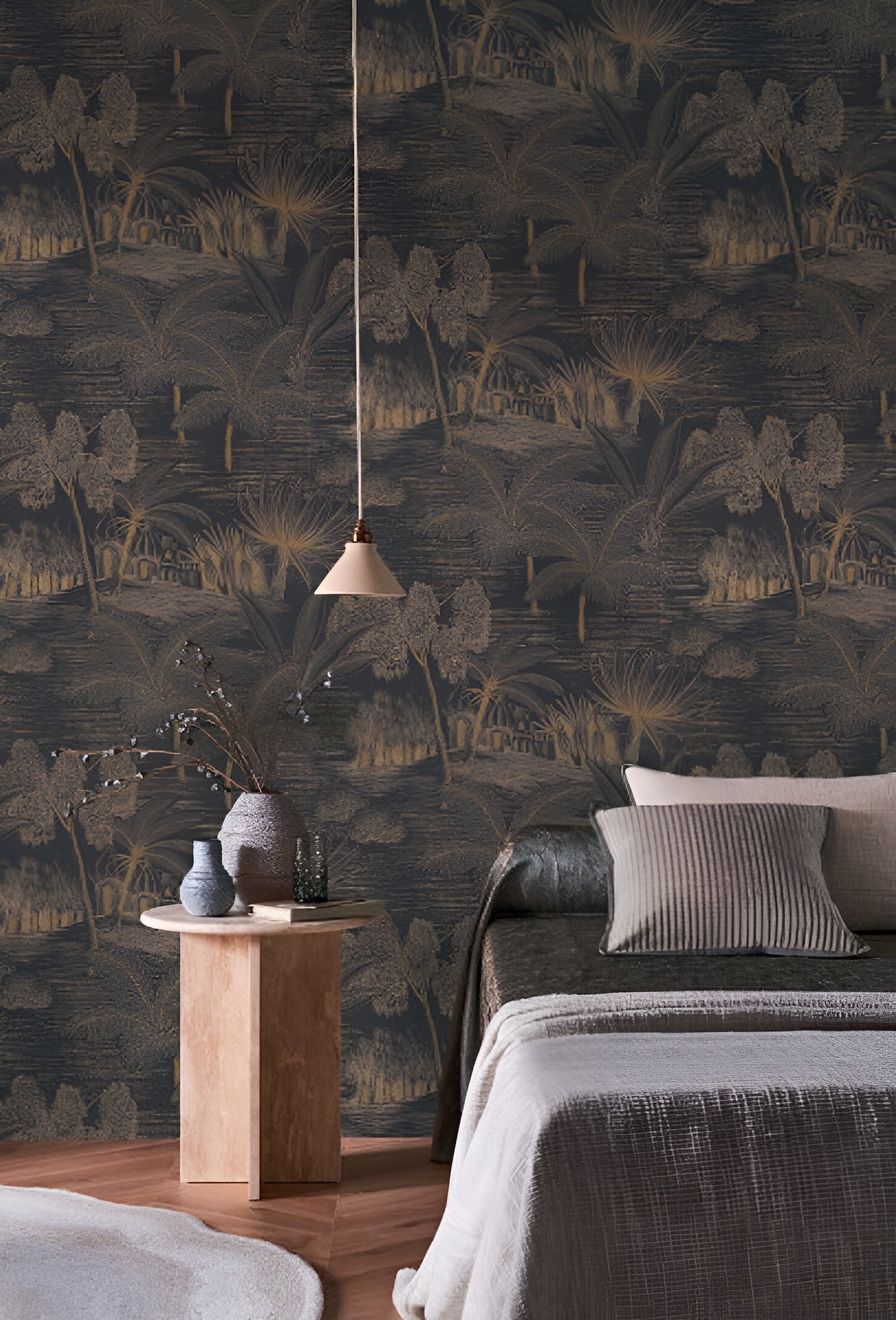 Landscape Wallpaper with Plant Motif BAHARIA - ANTHRACITE/GOLD anthracite with gold