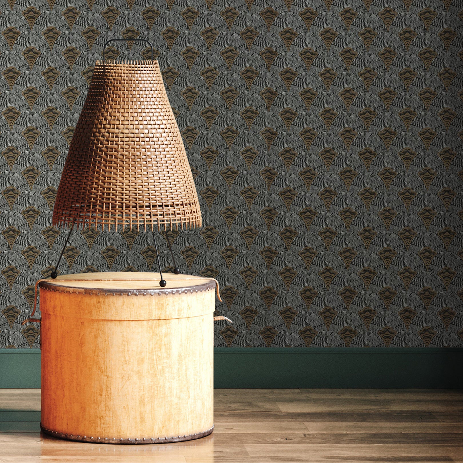 Strukturtapete mit abstraktem Fächerdesign ADENIUM - NOIR schwarz mit Gold