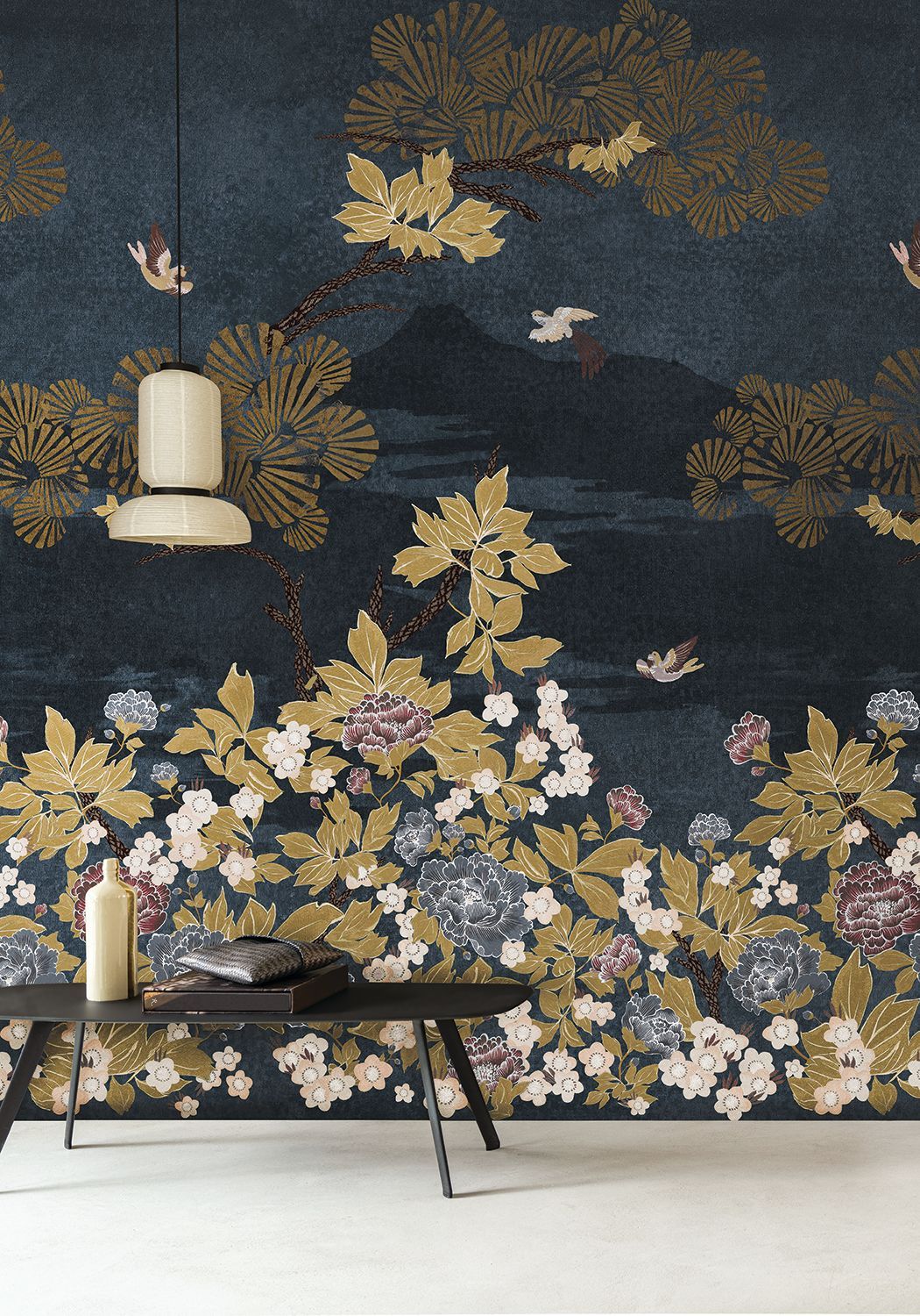 Mural with a plant motif of KANSAI leaves - BLUE/GOLD navy blue with gold