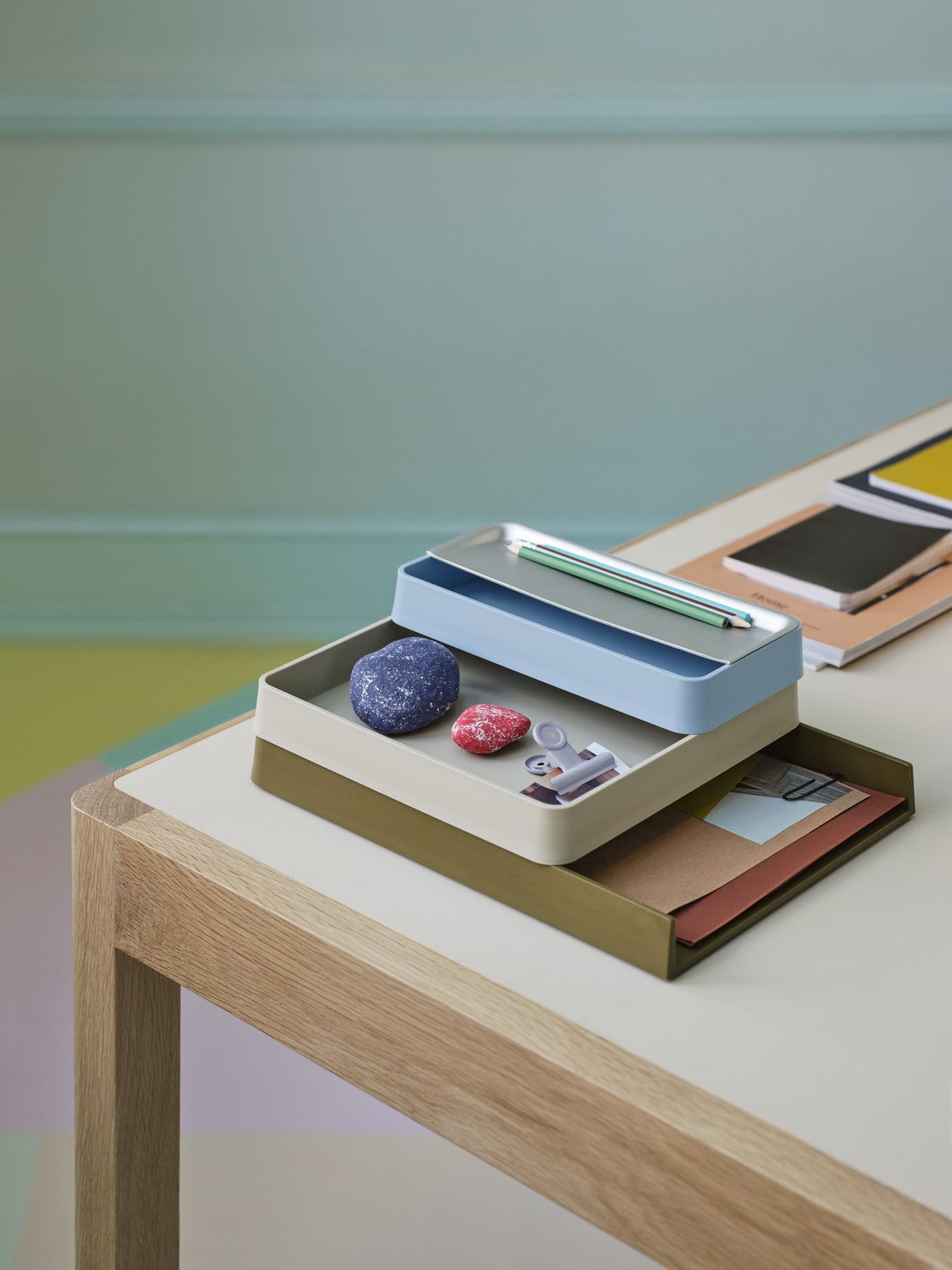 WORKSHOP table with gray linoleum and oak base